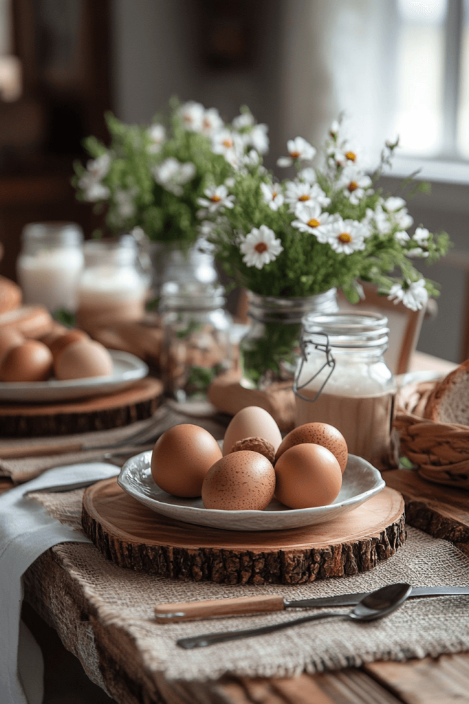 Rustic Easter table setting with burlap, mason jars, and wooden trays, creating a cozy countryside-inspired holiday decoration