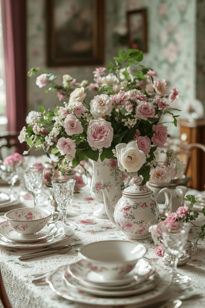 Vintage Easter table setting with delicate lace runner, pastel floral centerpiece, and antique china plates creating a nostalgic and romantic spring table decor