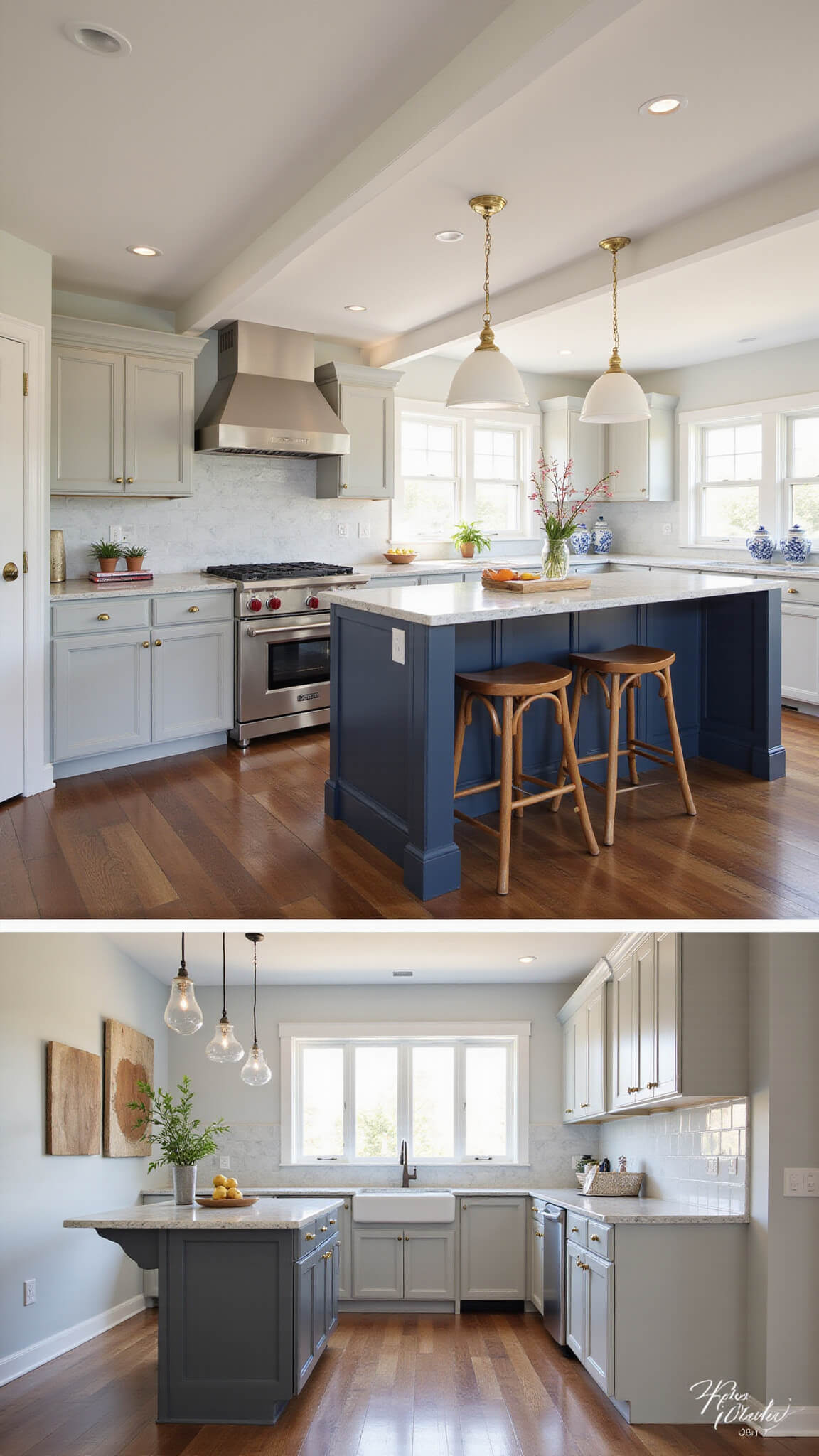 Transitional L-shaped kitchen with coffered ceiling, two-tone cabinets, marble countertops, and navy island highlighted by golden hour light.