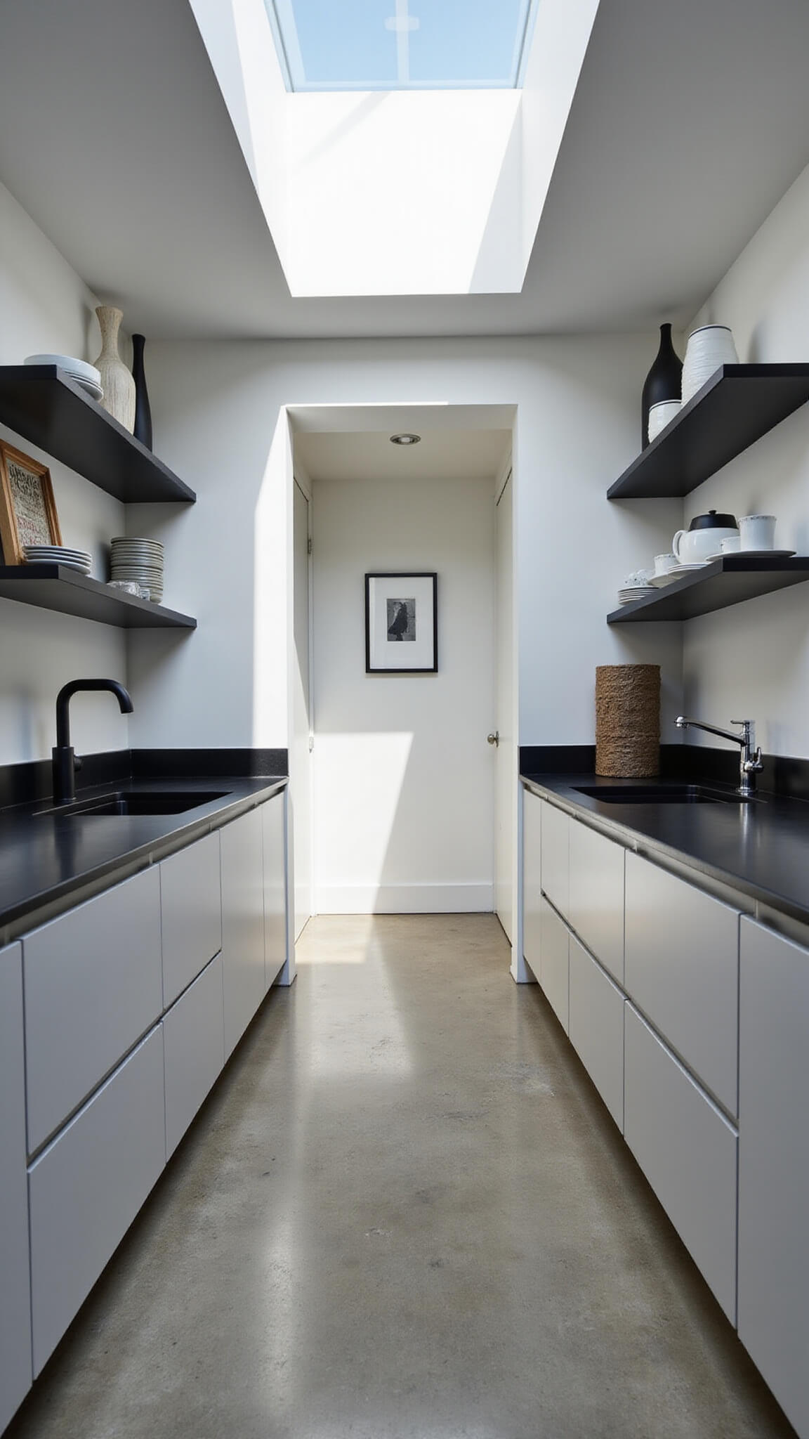Modern galley kitchen with gray flat-panel cabinets, black countertops, black appliances, skylight lighting, and polished concrete floors.