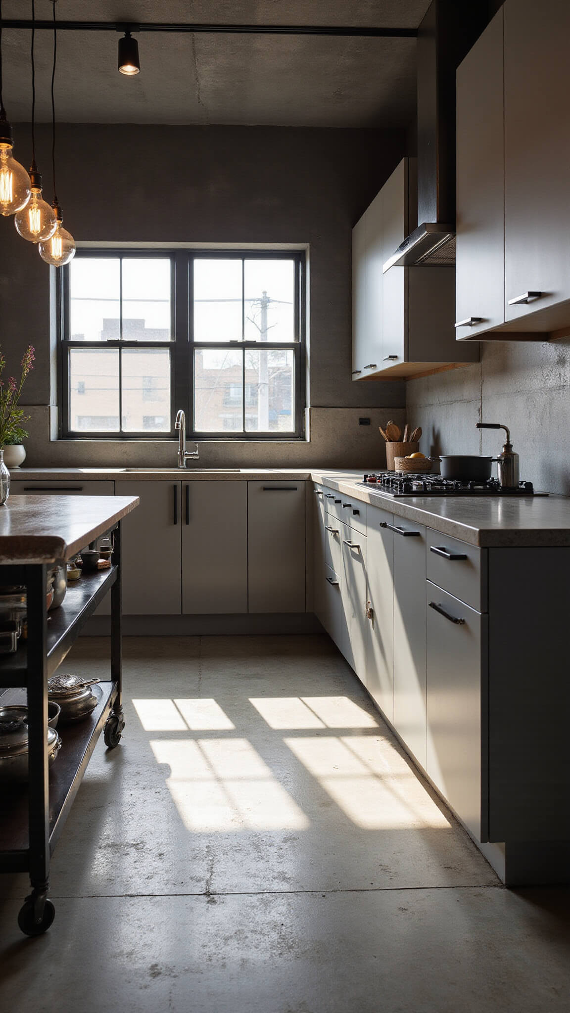 Industrial-chic kitchen with concrete surfaces, metal accents, and warm Edison lighting, viewed from above in dramatic late afternoon light.