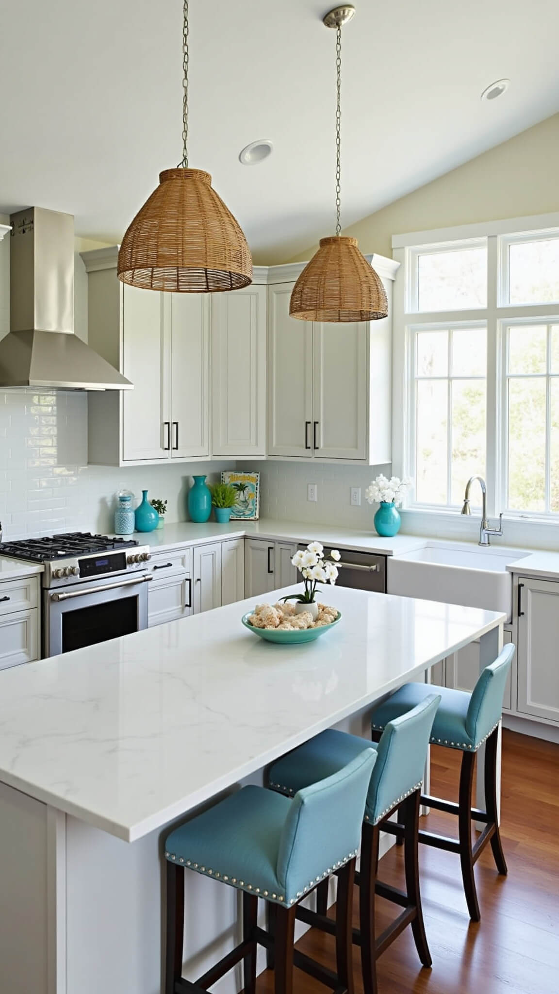 Coastal modern kitchen with vaulted ceiling, light gray louvered cabinets, white quartz counters, rattan pendant lights, and blue-green accents.
