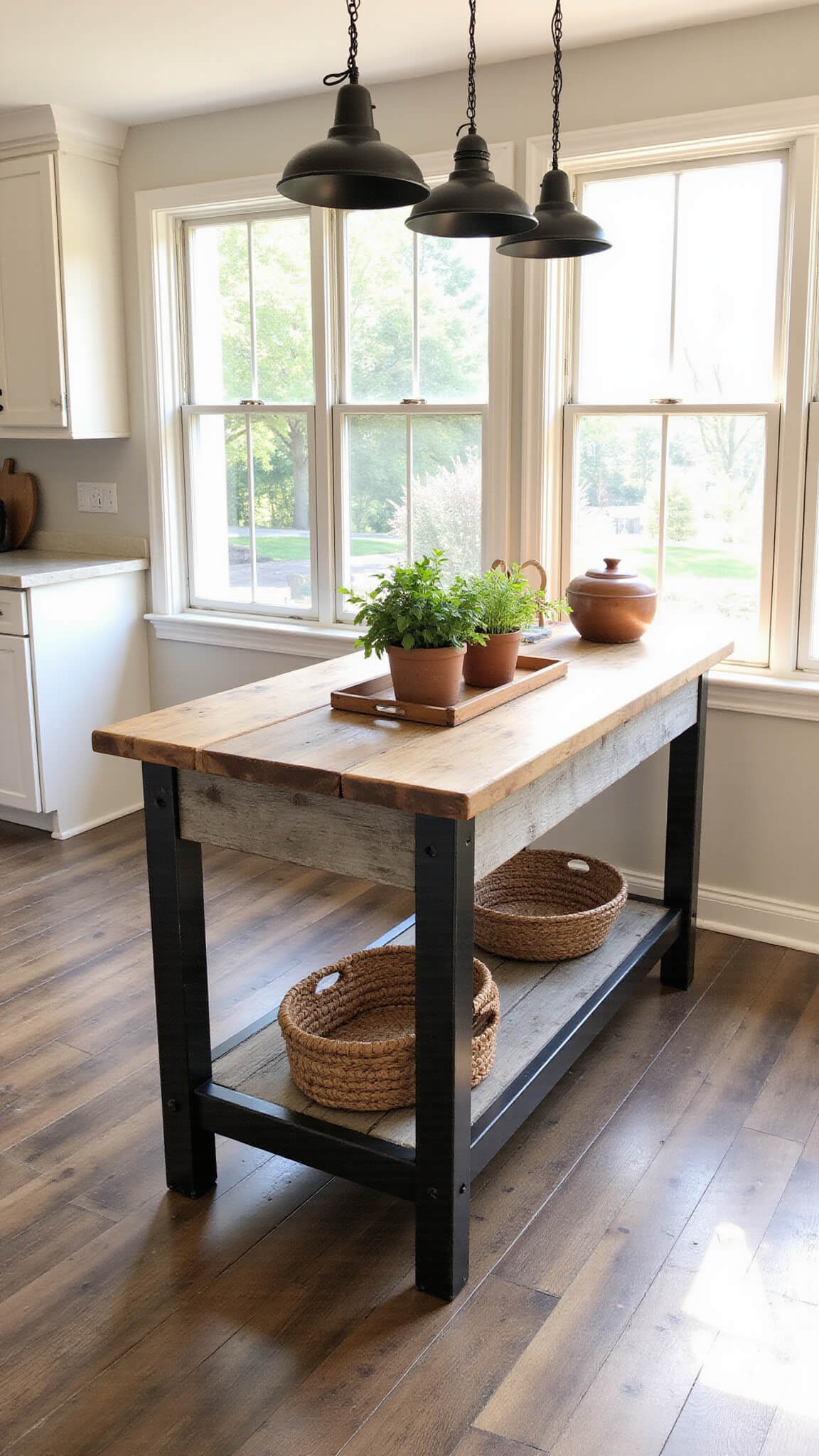 Sunlit farmhouse kitchen with reclaimed barn wood island, vintage pendant lights, distressed oak floors, and rustic decor elements like copper cookware and terracotta herb pots.