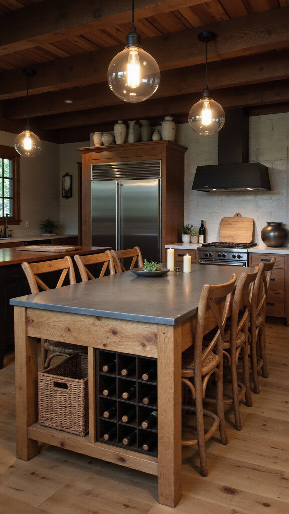 Low-angle view of a moody kitchen centered on a reclaimed pine island with zinc countertop, Edison bulb lighting, built-in wine and basket storage, cross-back oak chairs, and styled with antique cutting boards and pottery.