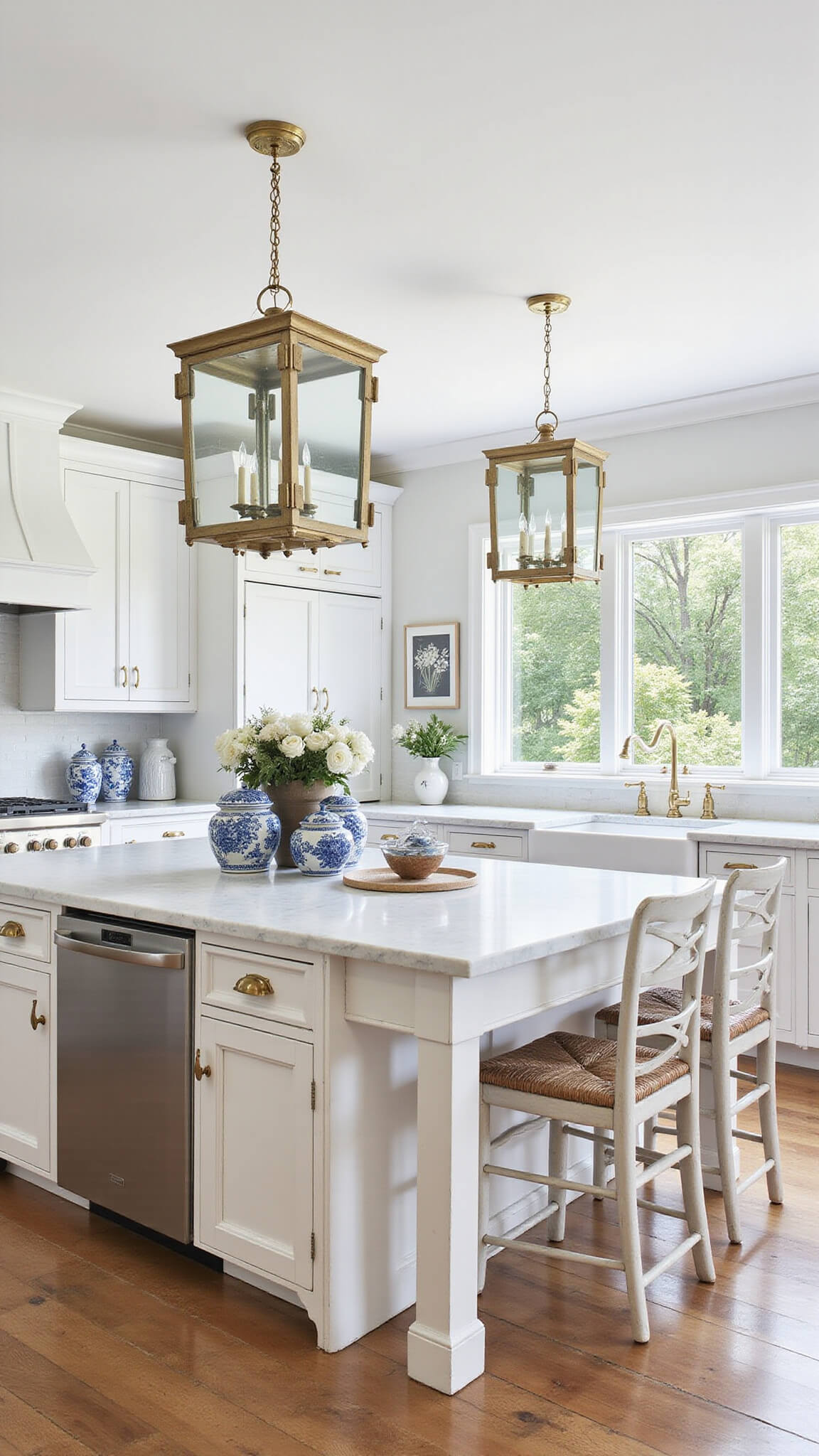 Coastal farmhouse kitchen with white oak island, marble top, brass hardware, spindle-back seating, and blue-and-white decor accents.