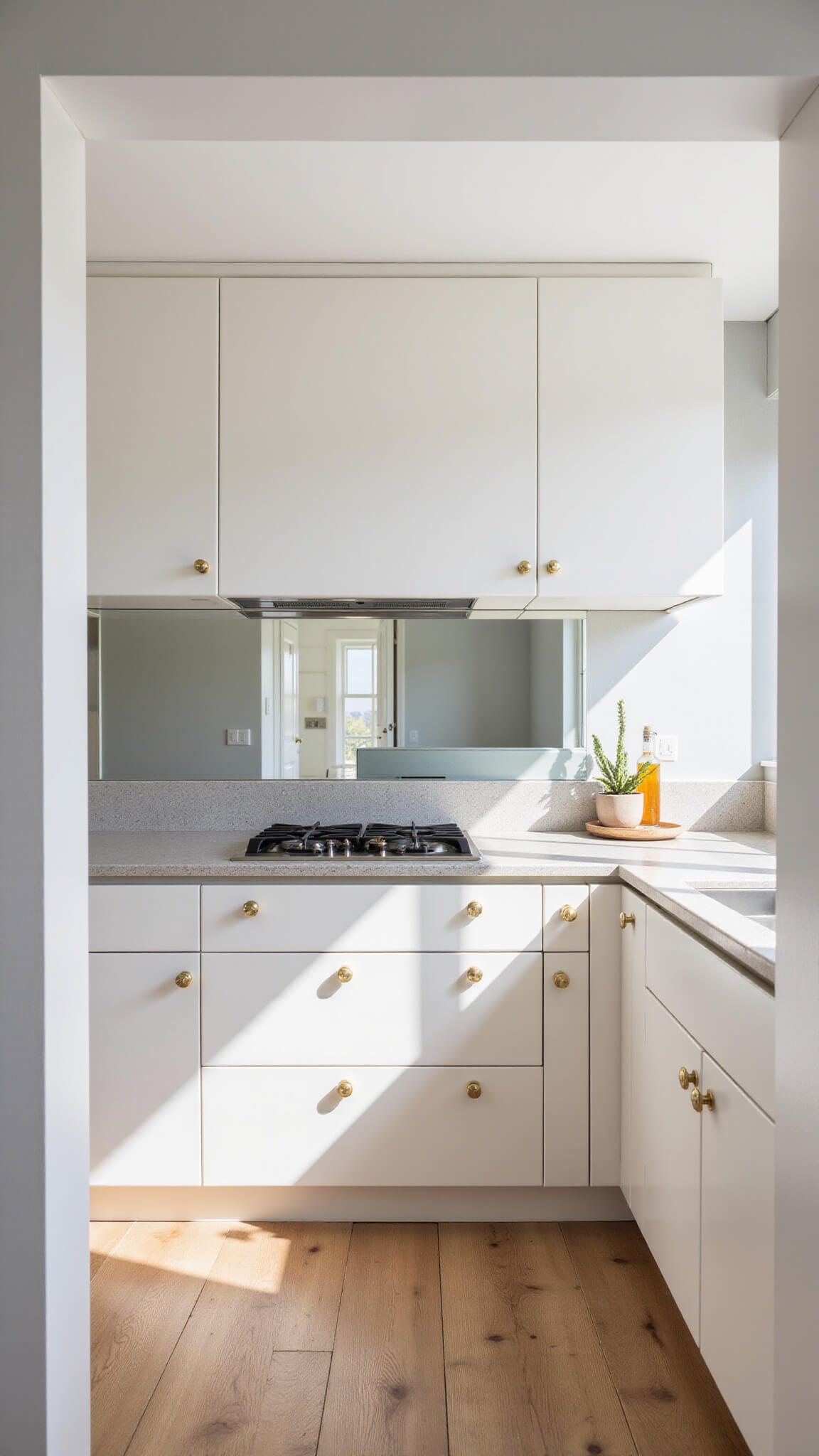 Wide-angle view of a compact 6x8ft kitchen with pearl white cabinets, mirror backsplash, pale gray quartz countertops, and brass hardware bathed in soft afternoon light.