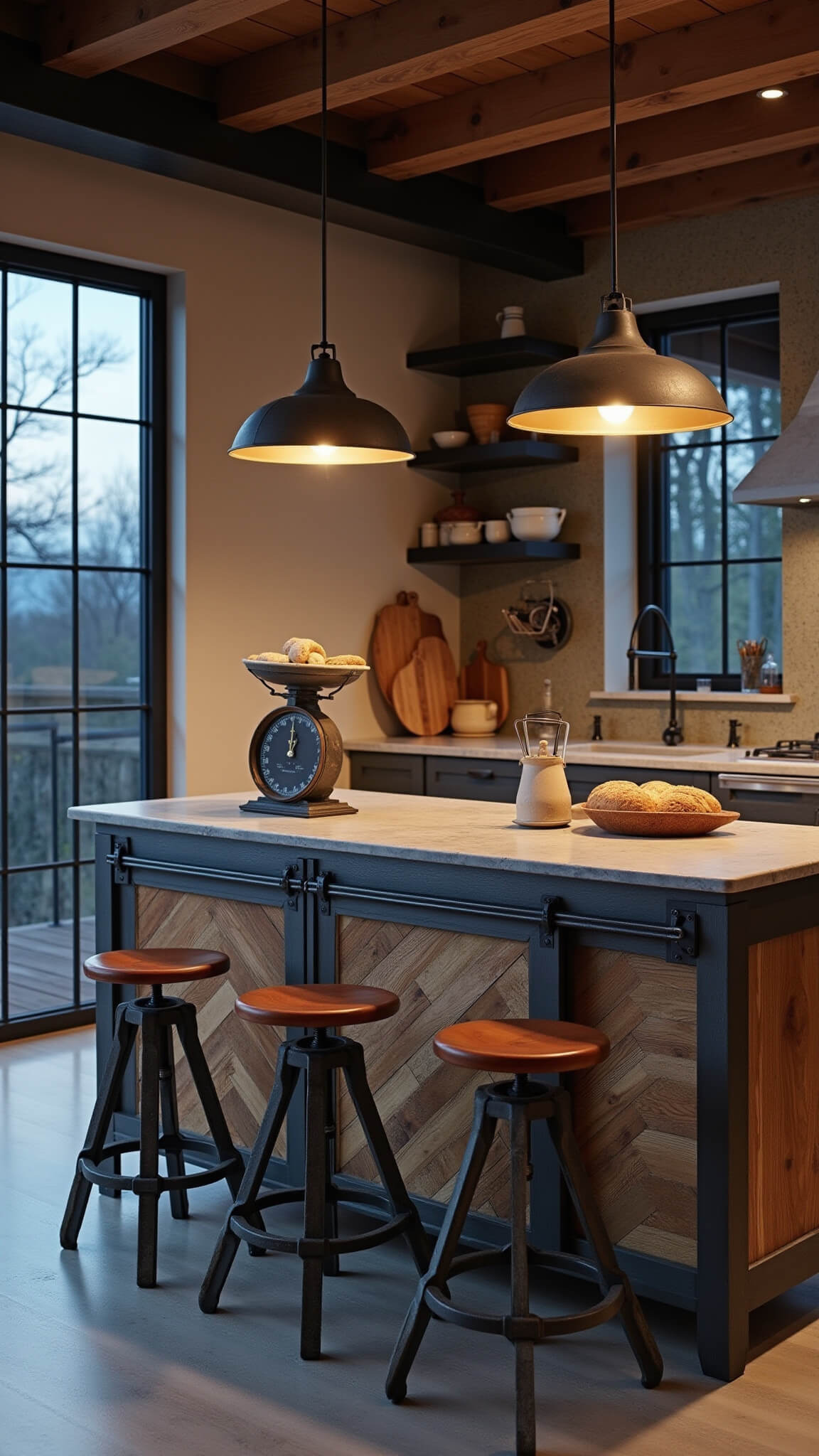Modern farmhouse kitchen at dusk with multipurpose island, reclaimed wood, concrete countertop, industrial stools, and warm accent lighting.