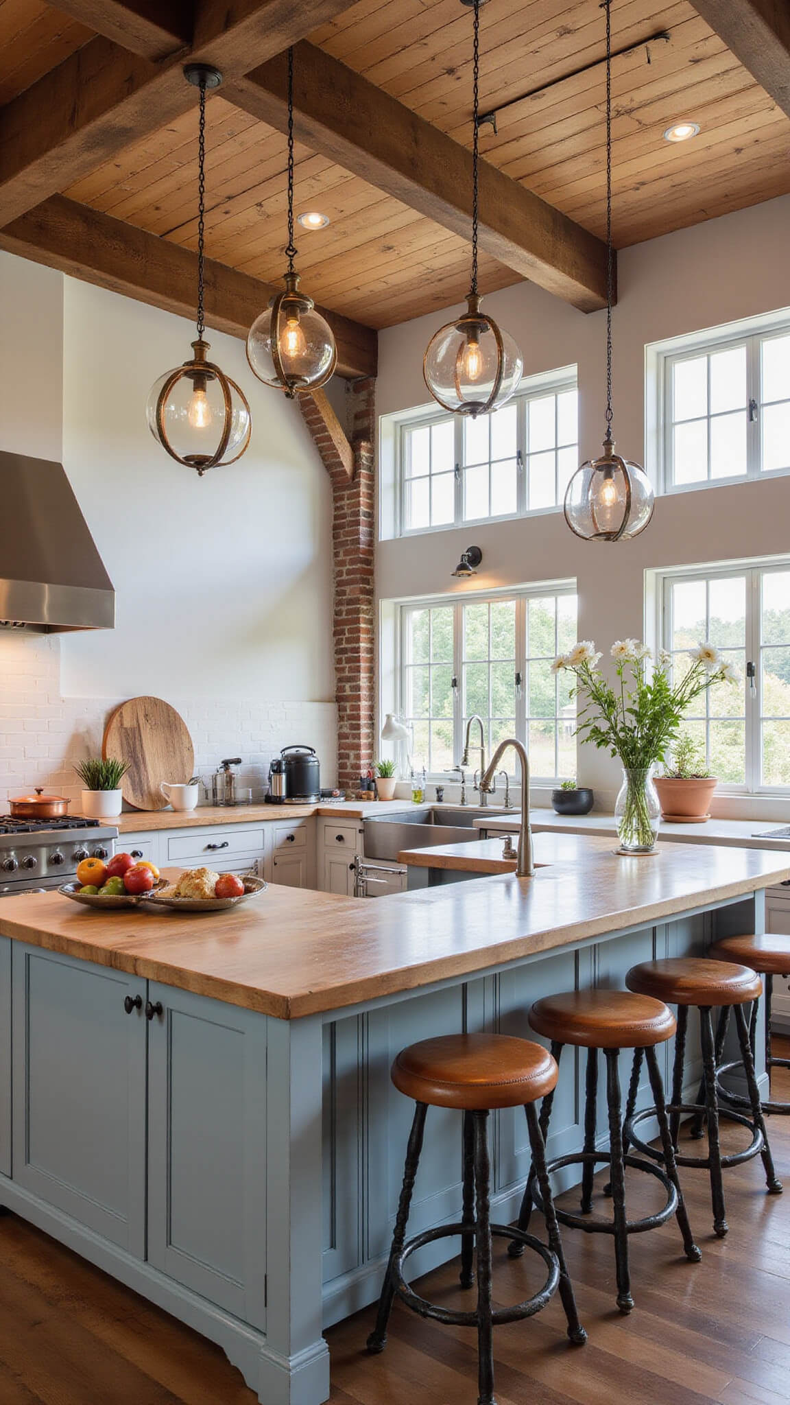 Dramatic industrial farmhouse chef's kitchen with large island, cathedral ceiling, pendant lighting, and professional-grade appliances.