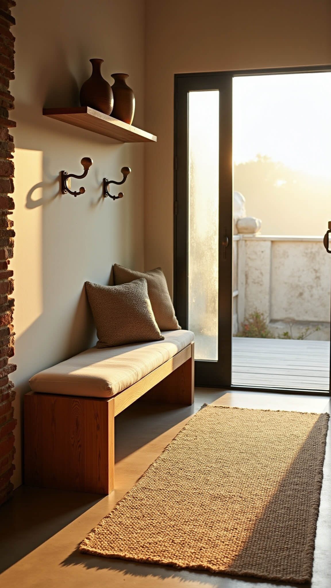 Golden hour light streams through frosted glass door into warm white brick entryway with oak bench, linen cushion, ceramic vessels, jute runner, and patinated bronze hooks.