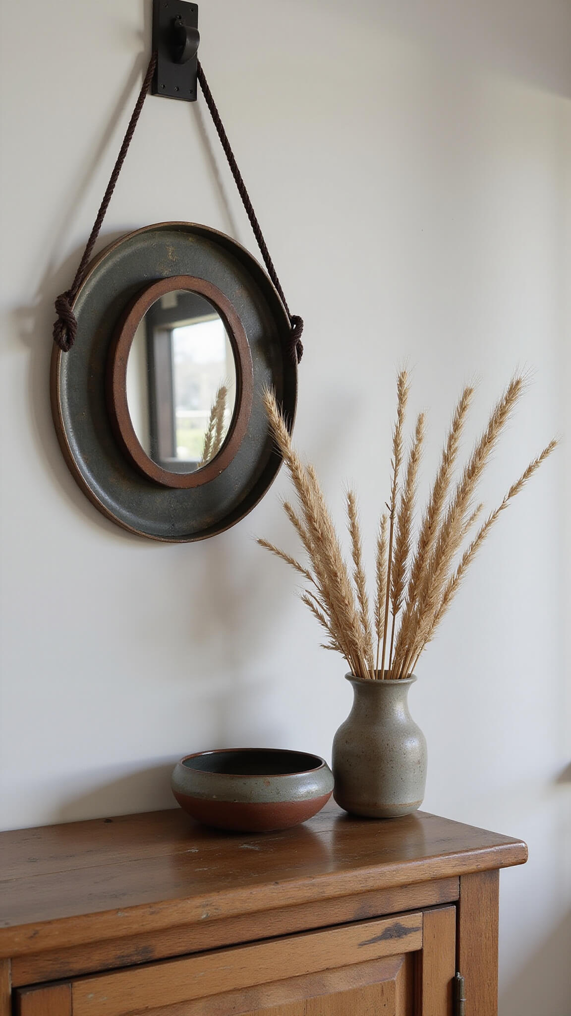 Wabi-sabi corner with vintage wooden console, dried pampas in ceramic bowl, patinated copper mirror reflecting soft morning light, and neutral tones in natural textures.