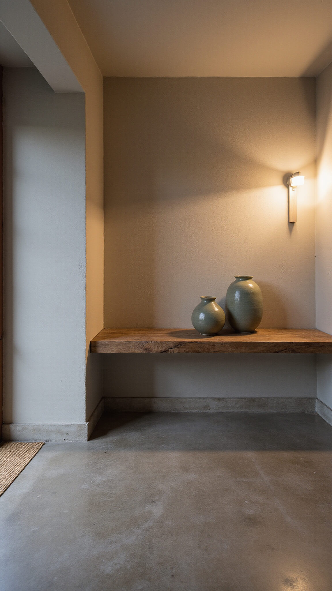 Modern minimalist entryway at dusk with concrete floor, floating reclaimed wood shelf, hand-thrown sage vessels, bamboo mat, and soft wall sconce lighting.