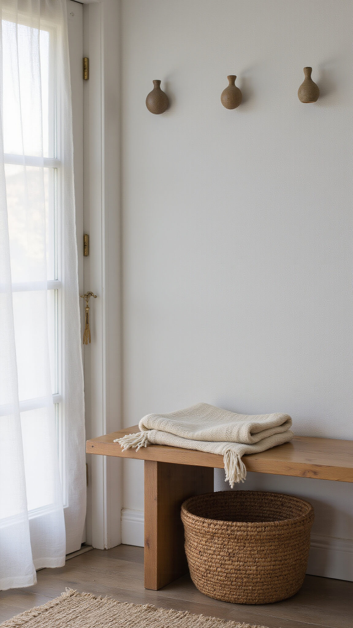Cozy 8x8ft entry nook at blue hour with textured whitewashed walls, low live-edge wooden bench, ivory wool throw, woven basket below, ceramic wall hooks, and soft natural light through sheer linen curtain.