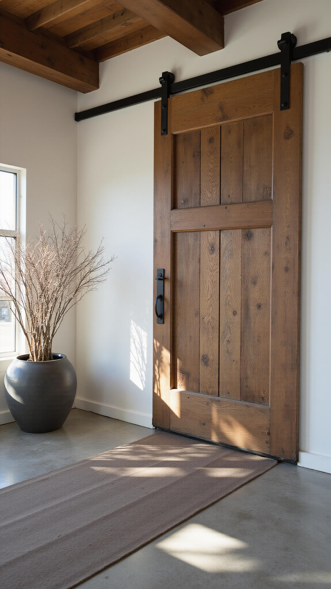Double-height entryway viewed from mezzanine, featuring worn reclaimed barn door, concrete floors, ceramic planter with dried branches, and pewter gray silk runner in late afternoon light.