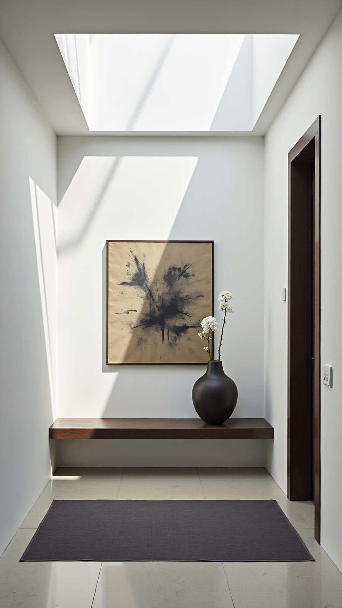 Contemporary 15x10ft foyer with natural skylight, blackened oak floating bench, abstract ink painting, dove gray silk runner, and oversized ceramic vessel.