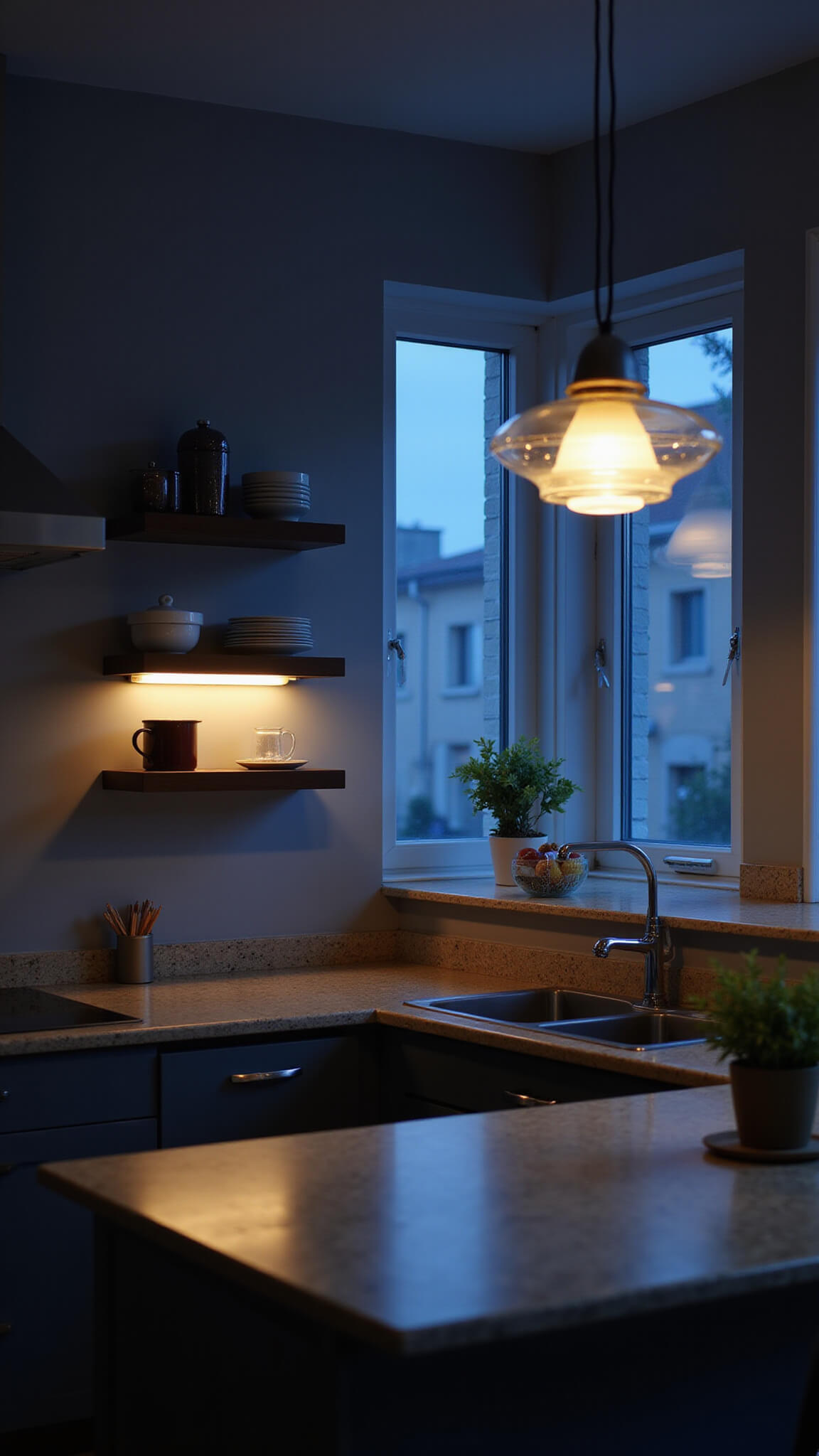 Moody dusk kitchen with layered lighting; warm LED strips under shelves, glass pendant lamp over dining nook, and reflections on polished surfaces.