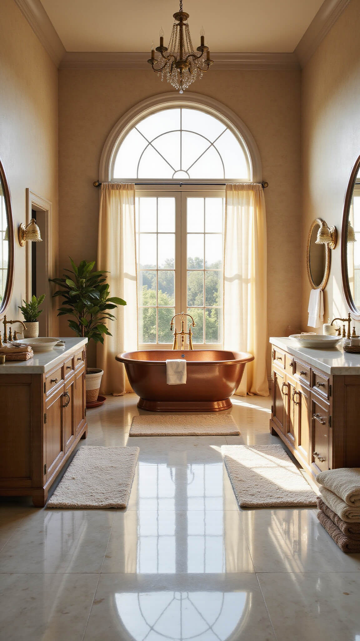 Luxurious master bathroom with Calacatta marble, copper soaking tub under brass chandelier, arched window with golden hour light, weathered oak double vanity, and layered natural textures.