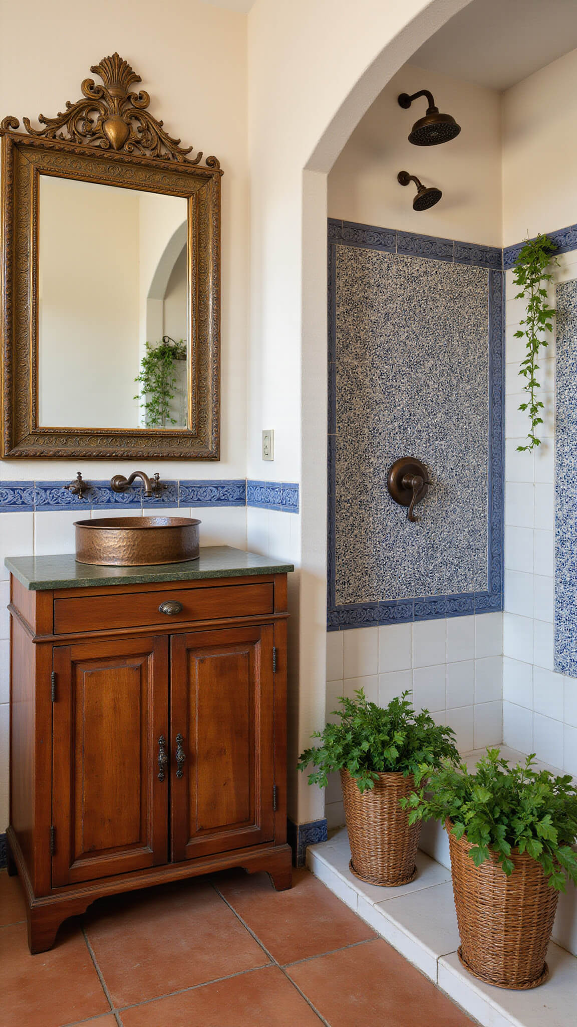 Mediterranean-style bathroom with terracotta floors, blue and white ceramic wall tiles, copper sink on rustic wood vanity, brass mirror, arched mosaic shower, and cascading ivy in basket planters.