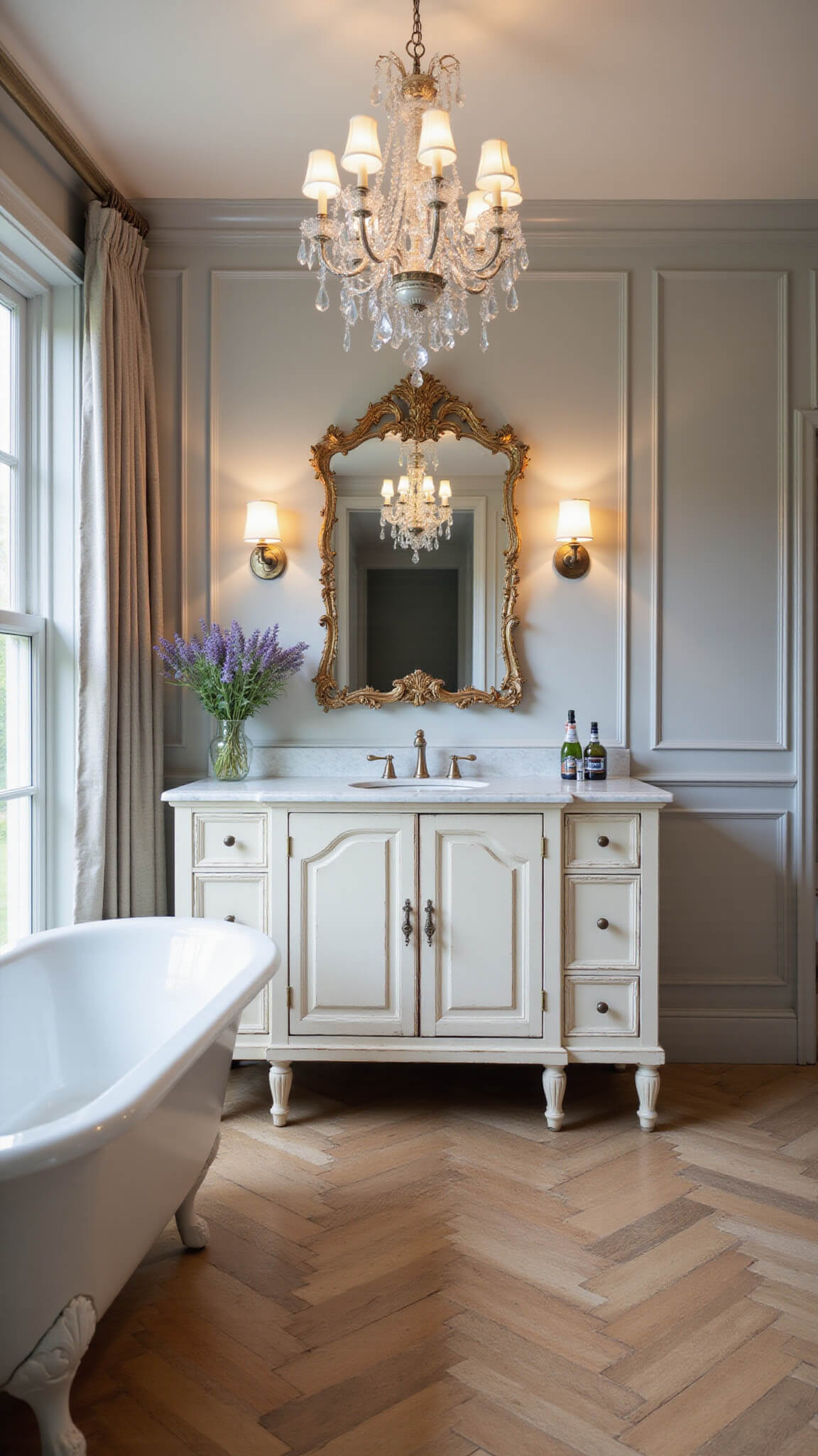 French Provincial bathroom at blue hour with clawfoot tub, crystal chandelier, Louis XVI vanity, and warm ambient lighting.