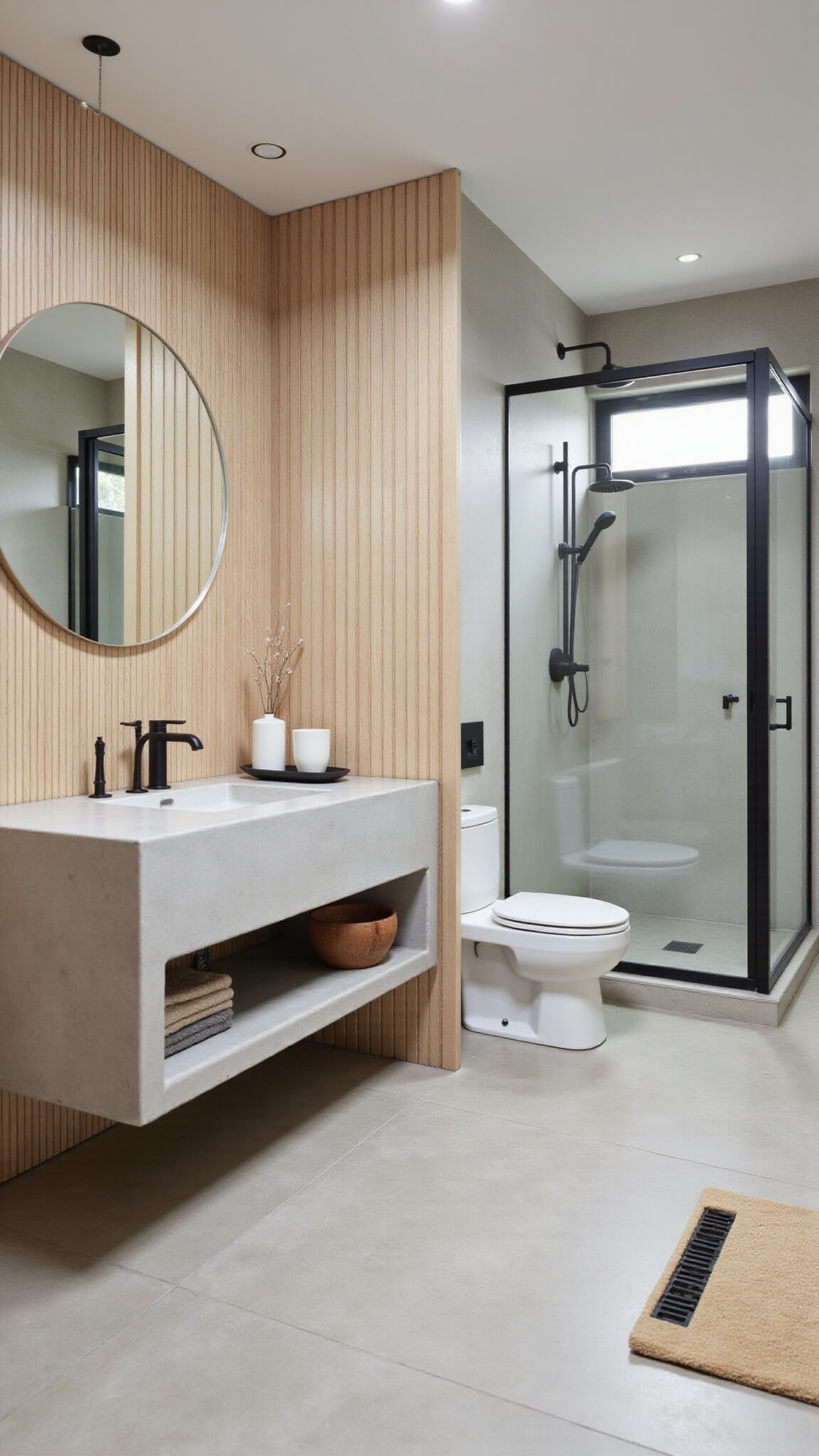 Minimalist Japanese-style bathroom with concrete vanity, oak slat wall, frameless glass shower, and Hinoki wood accents, lit by natural daylight.