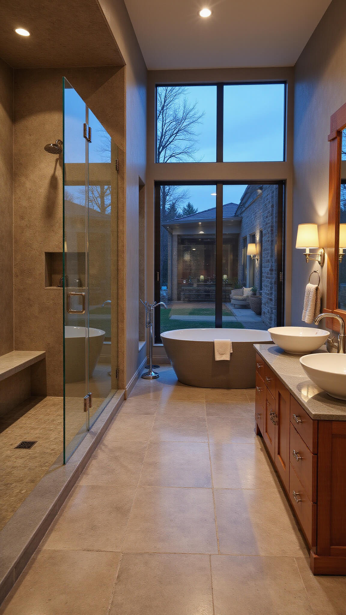 Spa-inspired master bathroom at dusk with limestone floors, grasscloth walls, quartzite shower, teak vanity, soaking tub, and garden view.
