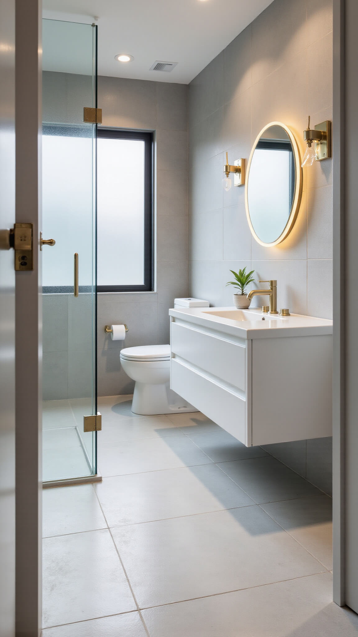 Minimalist 6x8ft Zen bathroom with floating white vanity, brass fixtures, pale grey tile walls and floor, glass corner shower, and backlit circular mirror framed by sconces.