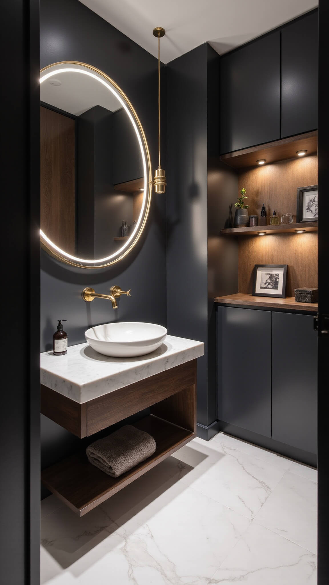 Dramatic evening view of a luxe 5x7ft powder room with charcoal walls, white marble-look floor tiles, gold faucet, floating quartz vanity, LED-lit round mirror, and recessed shelving with picture lights.