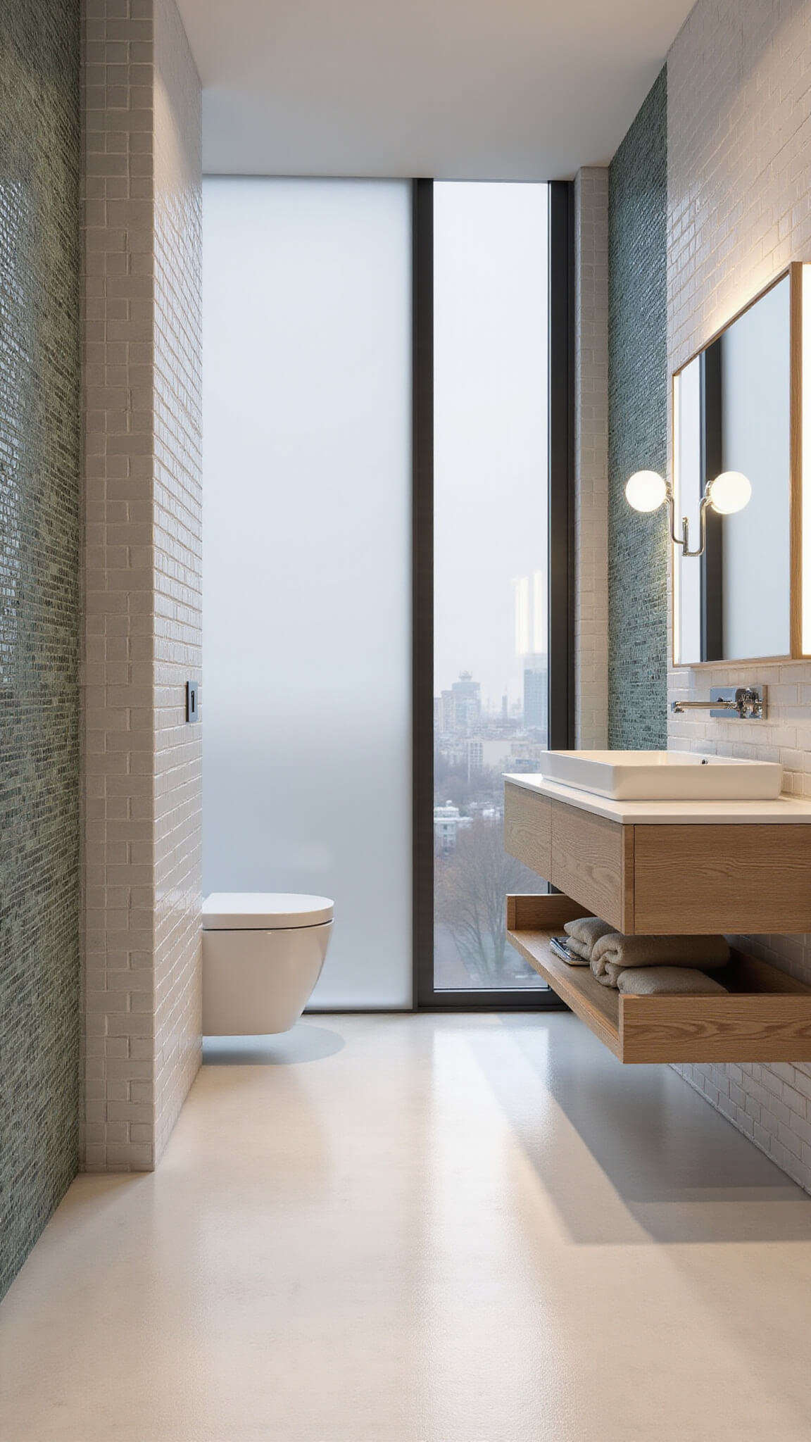 Low-angle view of compact 7x5ft bathroom featuring floor-to-ceiling storage, white subway tiles, glass mosaic accent wall, wall-mounted toilet, floating wood vanity, and vertical lighting emphasizing height.