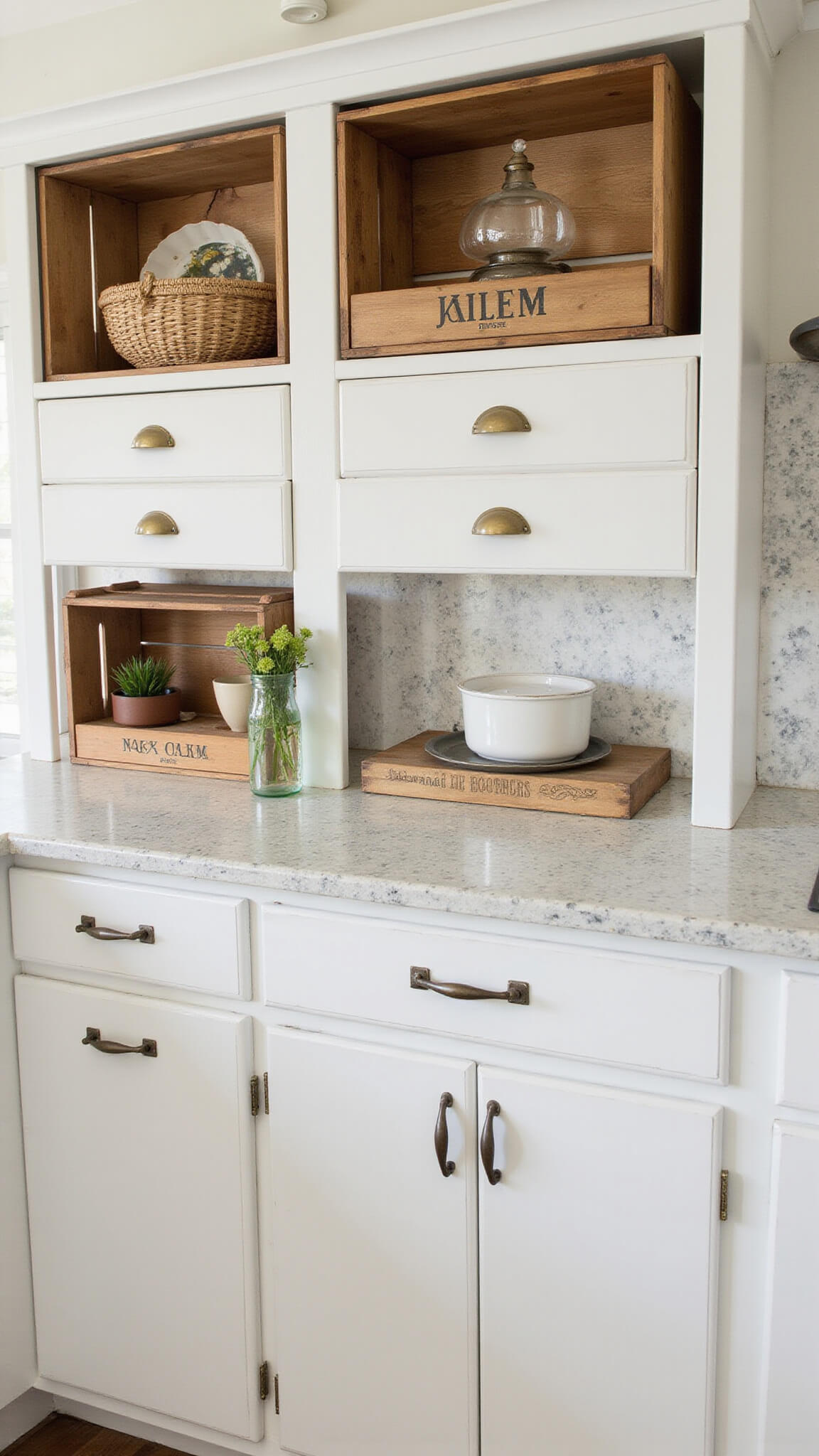 Eye-level view of a kitchen with marble-effect contact paper on surfaces, vintage brass hardware on updated cabinets, and repurposed wooden crate shelves in warm mid-morning light.