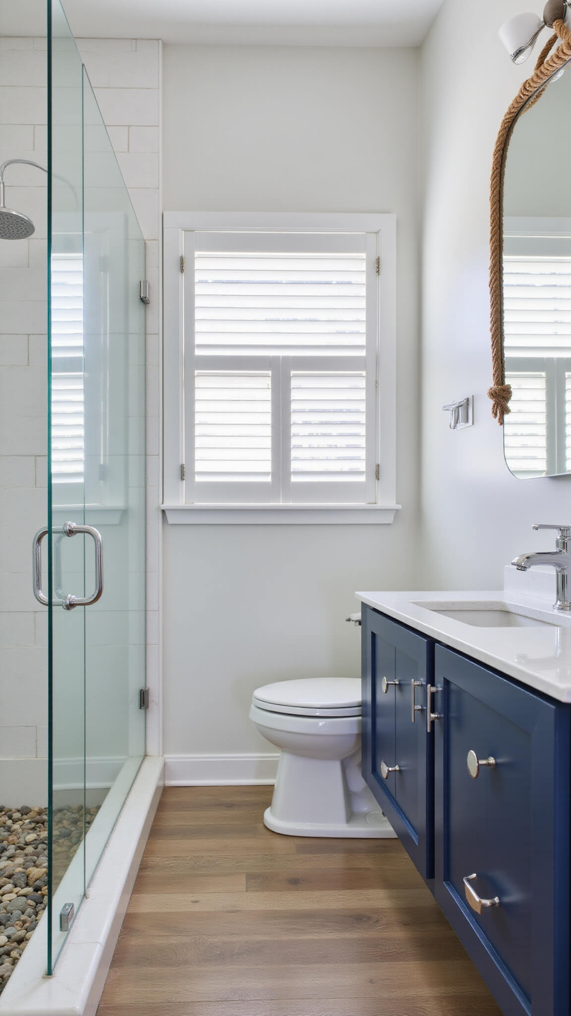 Coastal-style compact bathroom with white shiplap tiles, floating navy vanity, rope mirror, corner glass shower, and natural light through plantation shutters.