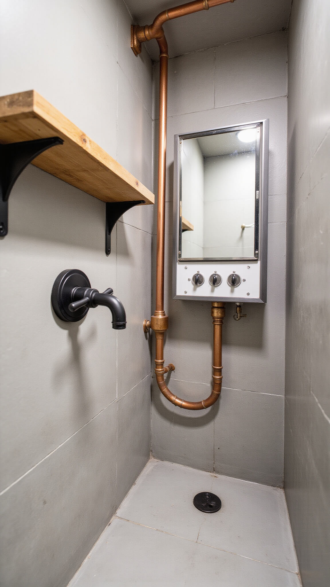 Detail shot of compact urban bathroom with industrial style, exposed copper pipes, concrete-look tiles, matte black fixtures, floating wood shelf, and mirror cabinet.