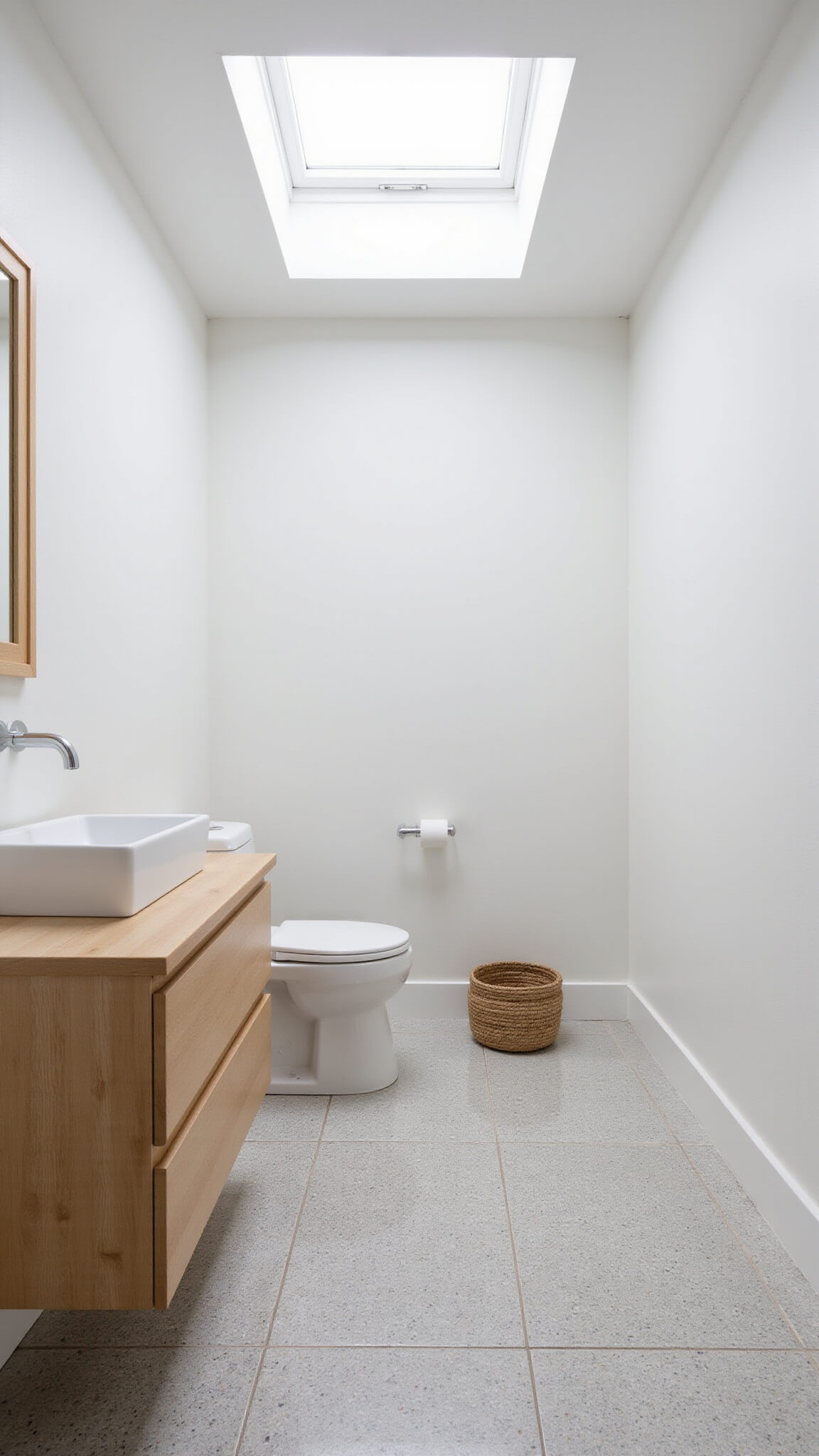 Minimalist Scandinavian bathroom with blonde wood vanity, terrazzo flooring, and skylight-lit white walls.