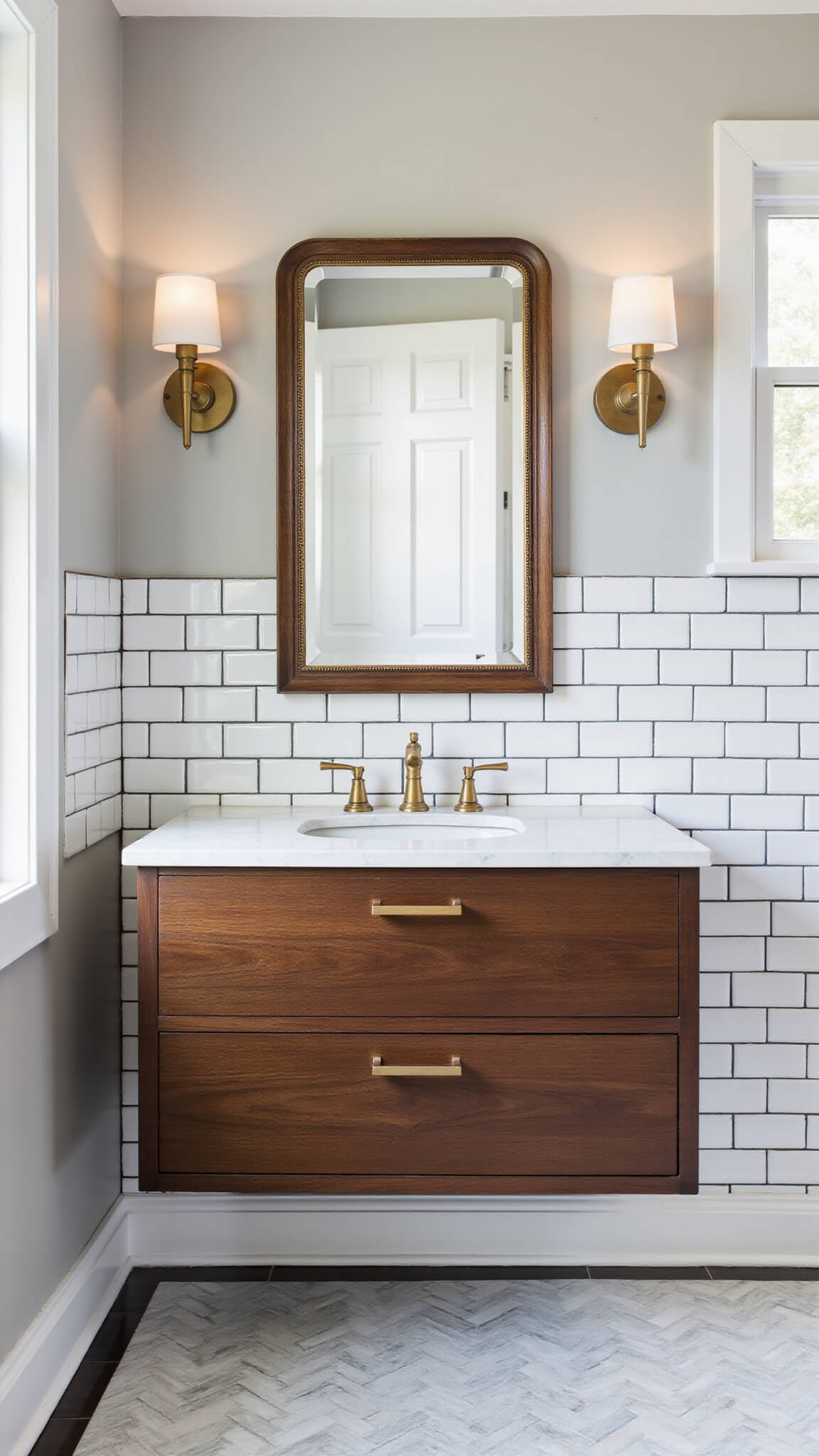 Modern classic 5x8ft bathroom with herringbone marble-look floor, subway-tiled walls, brass fixtures, floating walnut vanity, and vintage mirror flanked by modern sconces.