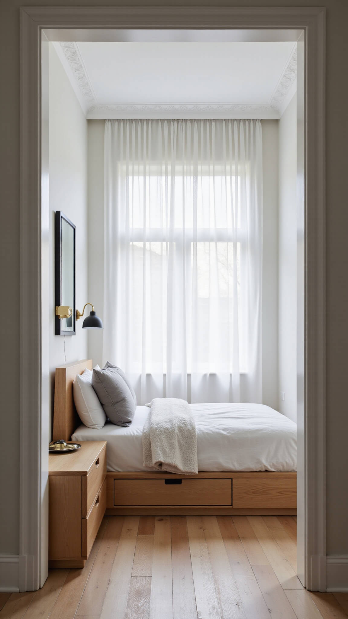 Minimalist 10'x12' bedroom with light oak platform bed, white walls, sheer curtains, and morning sunlight creating a serene, airy atmosphere.