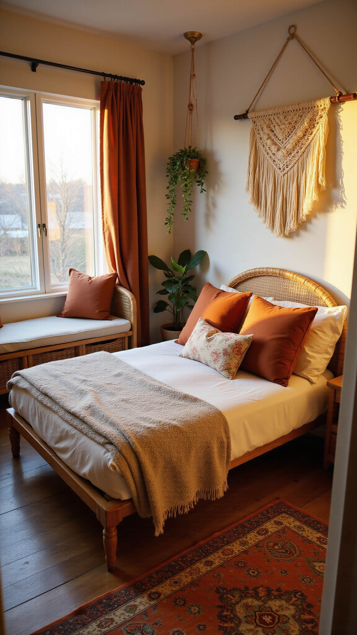 Boho-style 8'x10' bedroom with rattan bed, cream linens, rust pillows, macramé wall hanging, hanging plants, Persian runner, and window seat at golden hour.