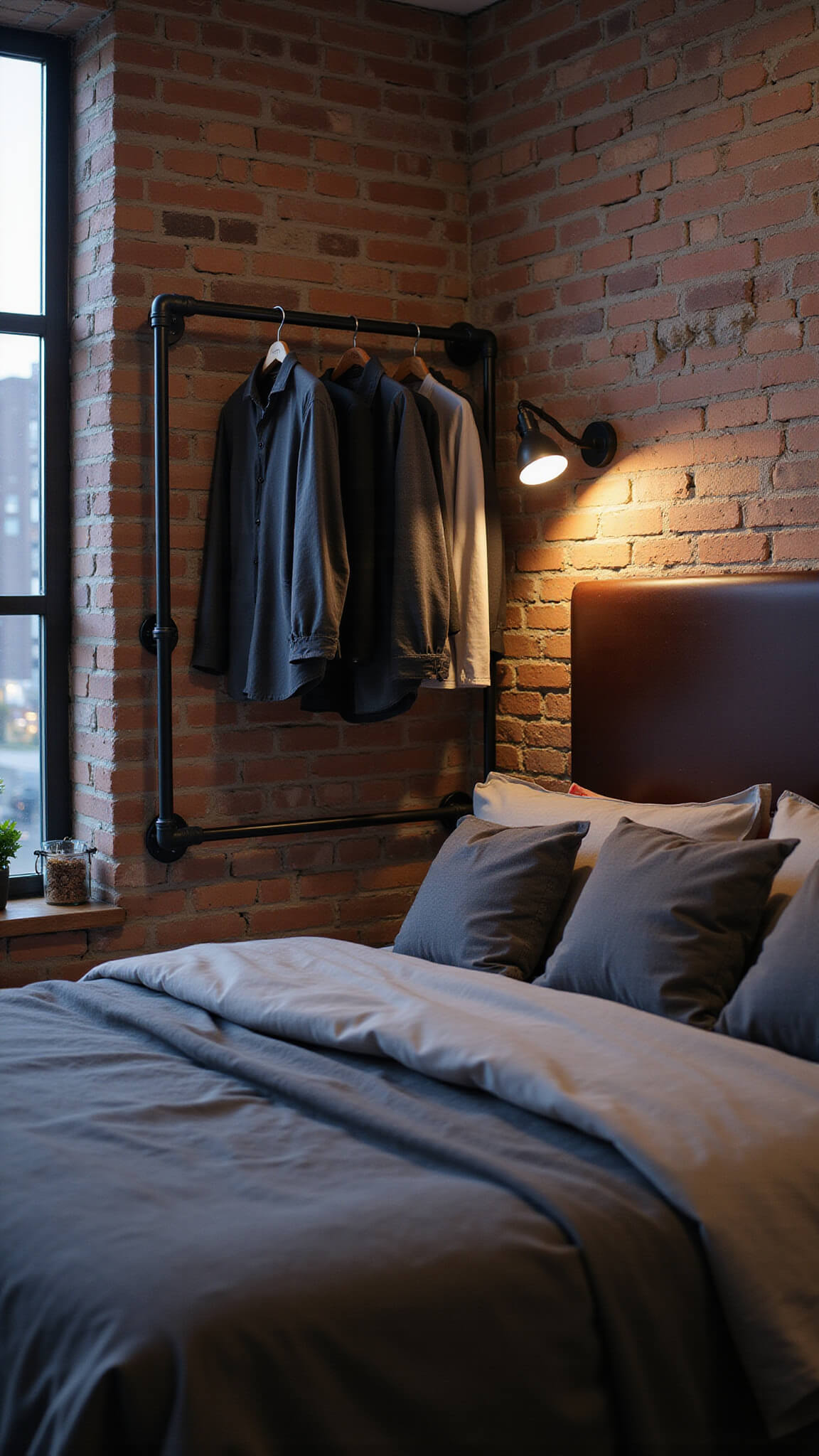 Industrial-style micro bedroom with exposed brick wall, metal pipe clothing rack, queen bed under factory window, moody lighting, and vertical storage solutions.