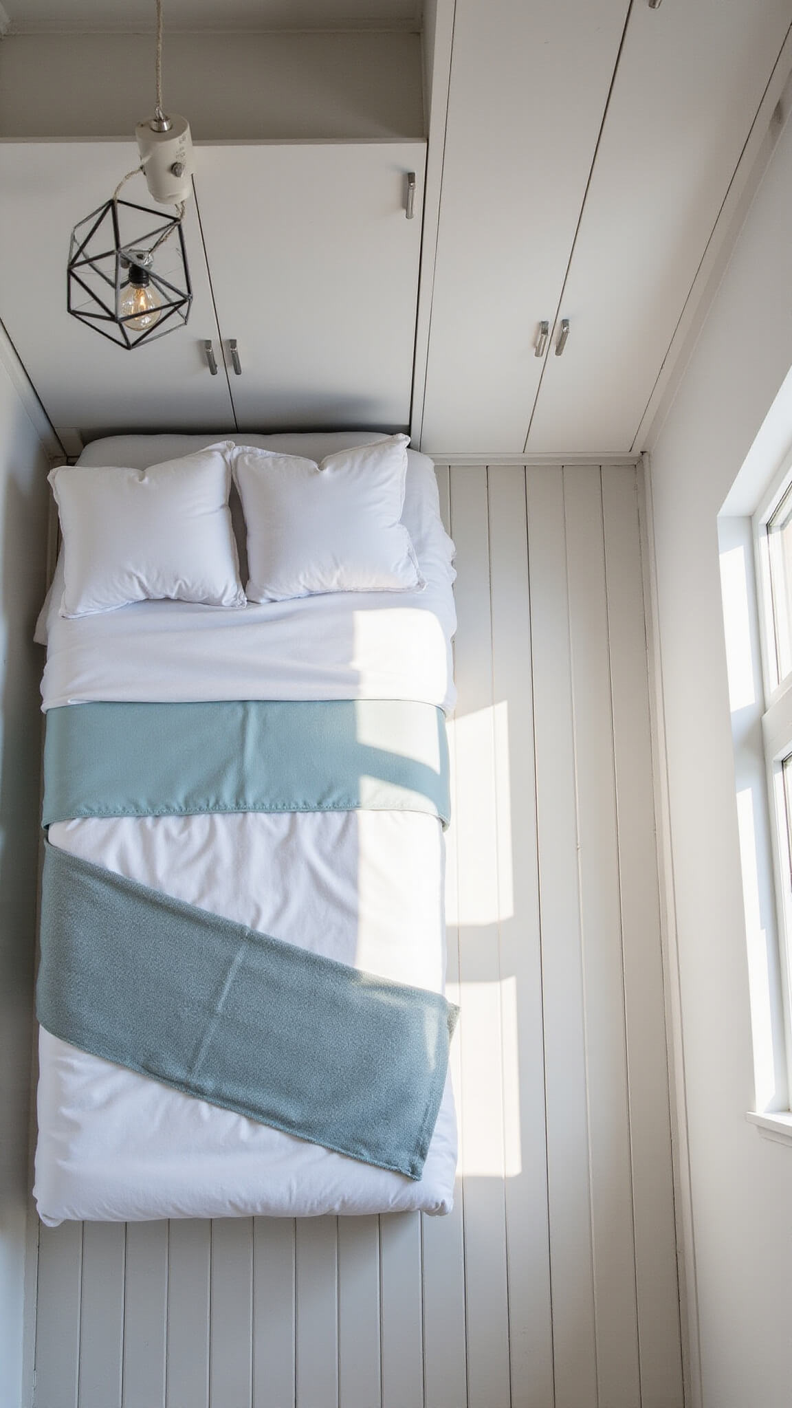 Overhead view of minimalist Scandinavian 10'x10' bedroom with white floors, pale gray walls, twin bed, and built-in wardrobes in soft afternoon light.