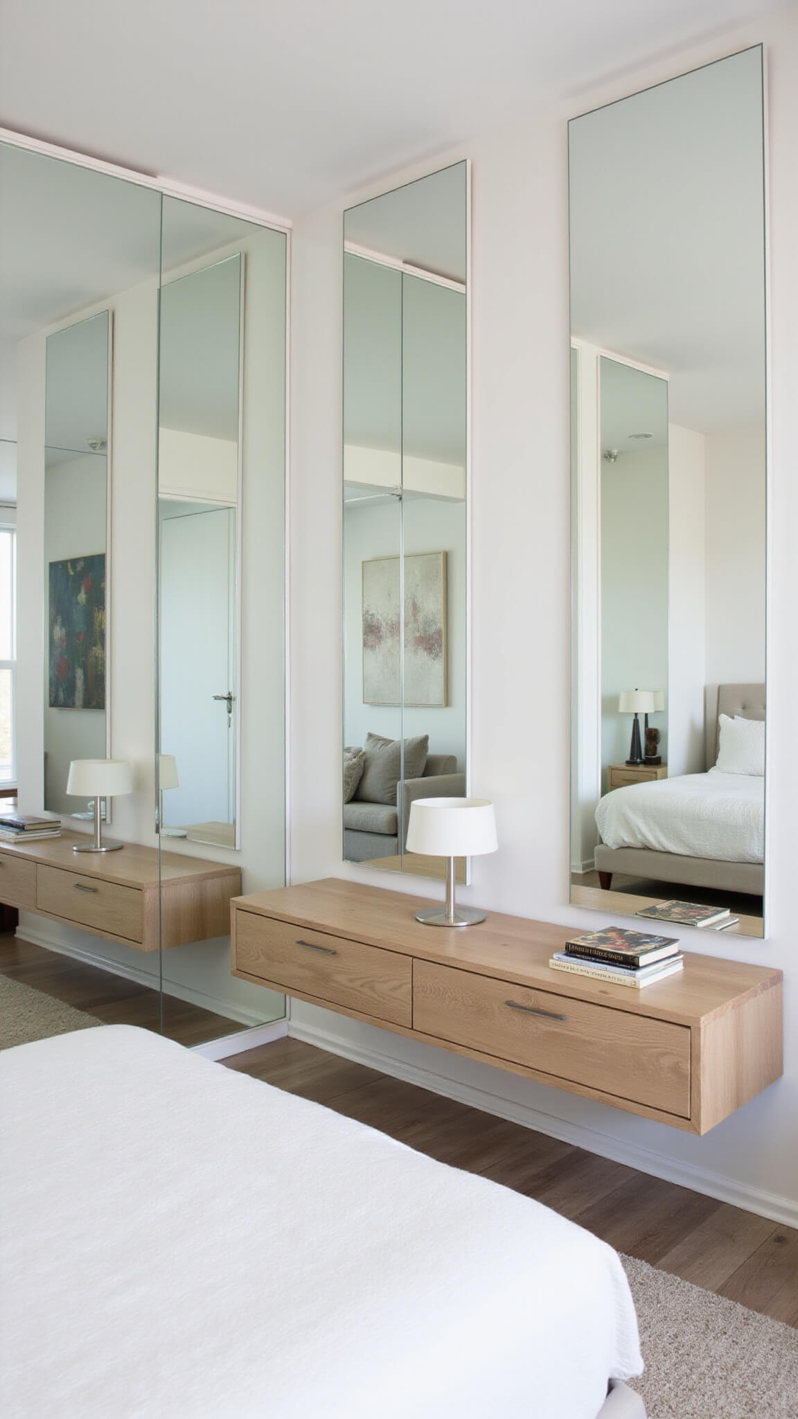 Modern 9'x9' white bedroom with mirrored walls, floating desk-vanity, and bleached oak platform bed, captured in soft morning light.