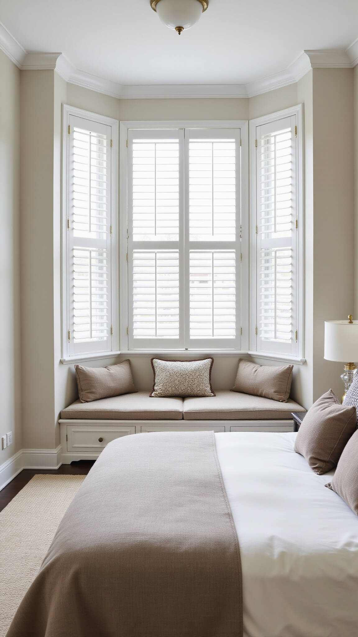 Transitional 11'x11' bedroom with bay window, ivory upholstered queen bed, cream and taupe bedding, white plantation shutters, brass étagères, and built-in storage bench.