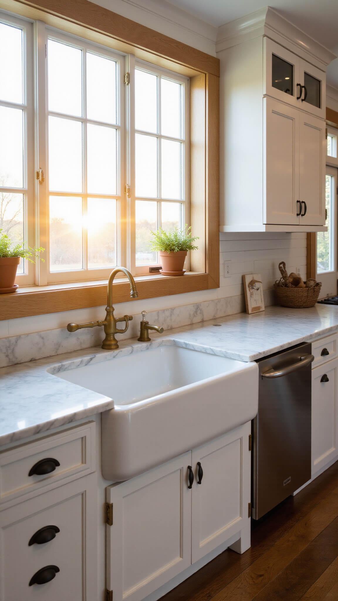 Farmhouse kitchen at golden hour with white apron sink, oak floors, marble countertops, and herbs on windowsill.