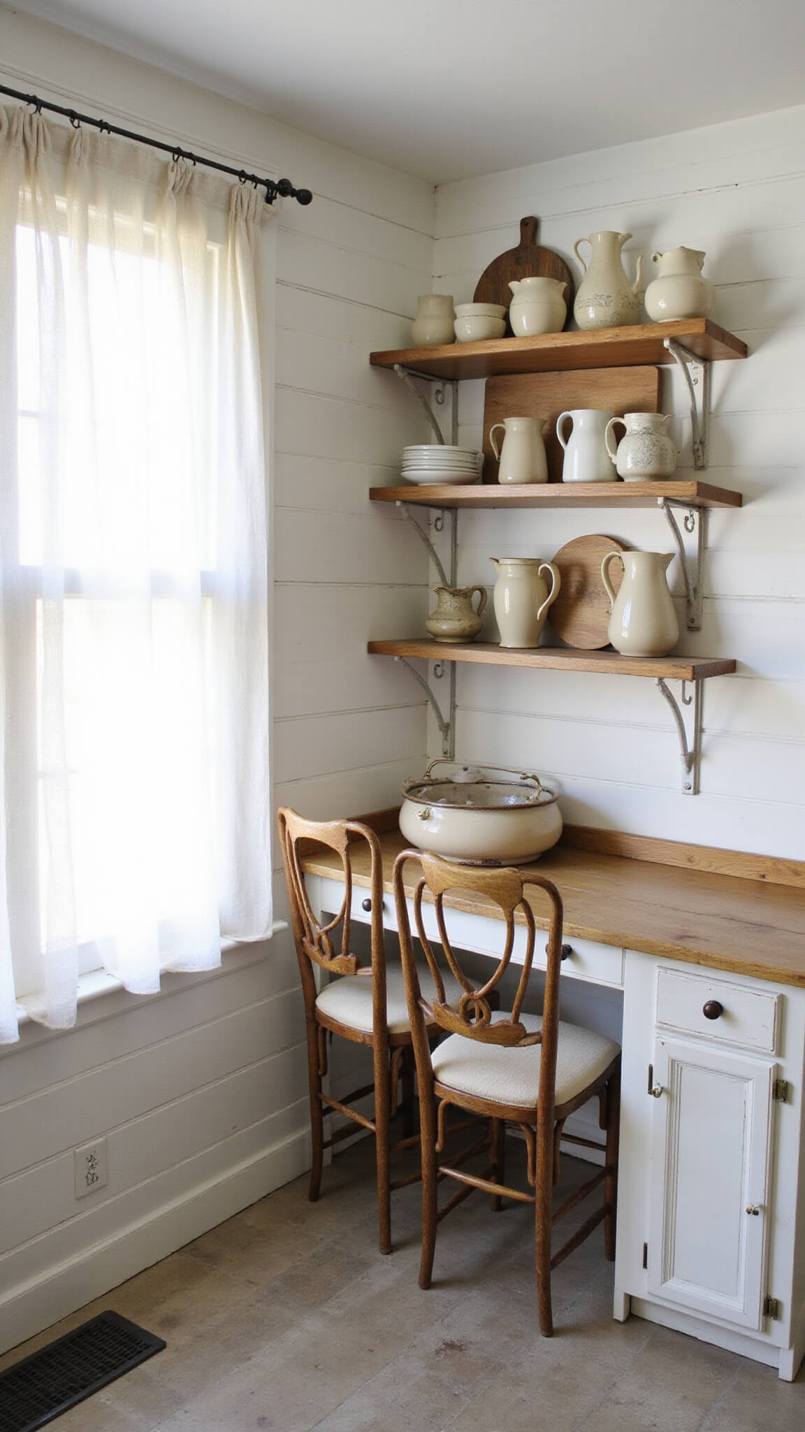 Serene corner of a 12x14ft kitchen with white shiplap walls, vintage chairs, distressed oak island, and open shelves displaying cream ironstone pitchers in soft morning light.