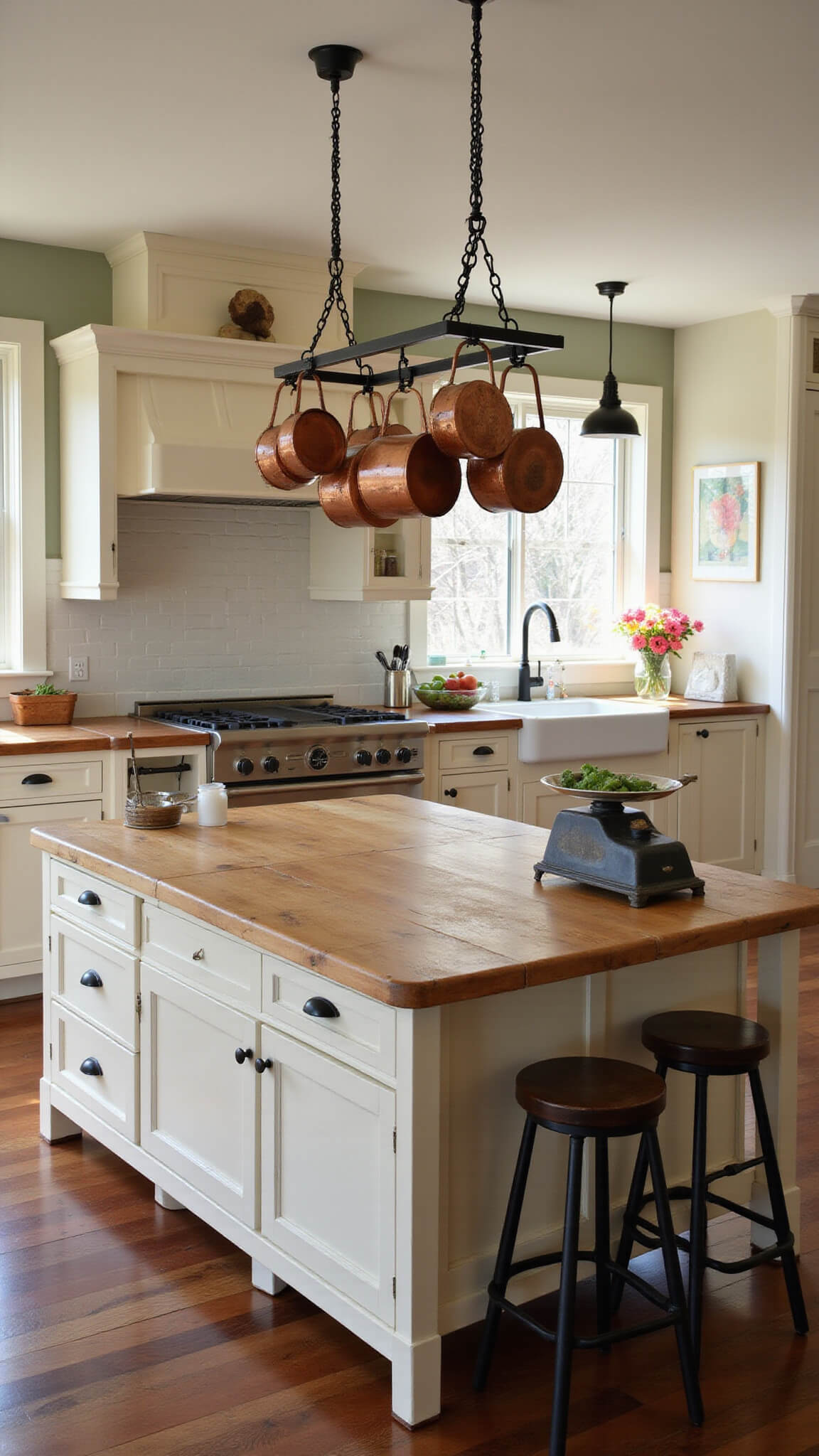 Overhead view of a spacious 16x18ft kitchen island with cream cabinets, butcher block countertops, hanging copper pots, vintage scale with produce, and pendant lights under warm afternoon lighting.