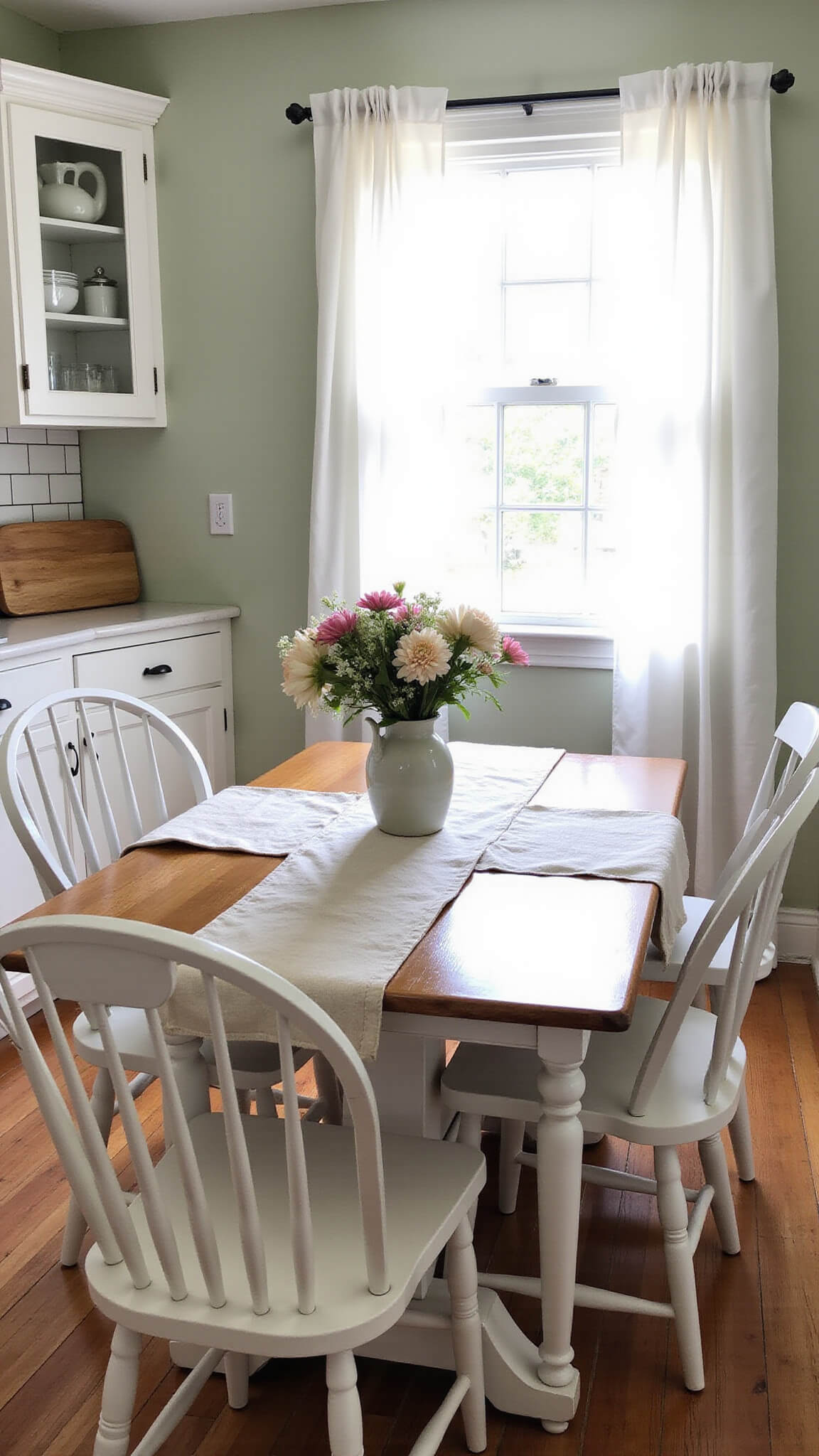 Bright farmhouse kitchen nook with morning light, set table with linen and flowers, white china in cabinet, wood accents, and green botanicals.