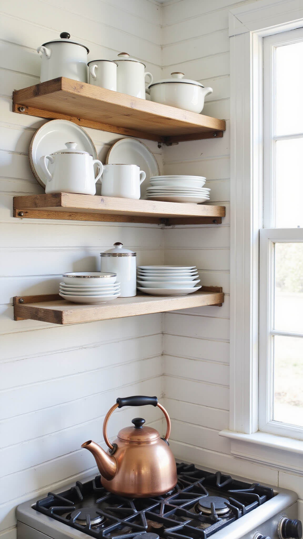 Close-up of curated vintage enamelware on oak shelves against white shiplap in a softly lit kitchen corner.