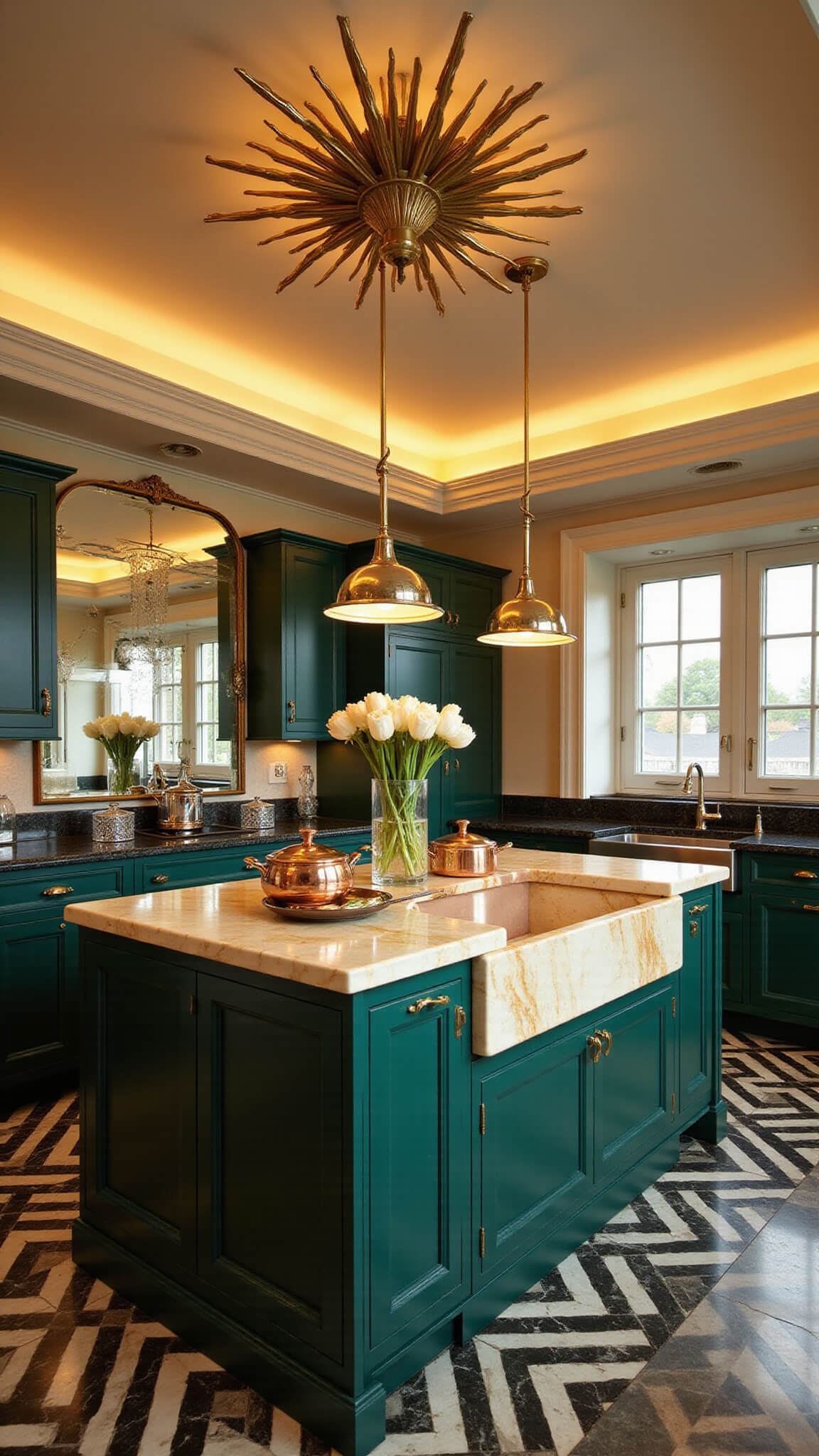 Luxurious Art Deco kitchen at golden hour with forest green lacquered cabinets, chevron marble flooring, quartzite island, and brass sunburst chandelier.