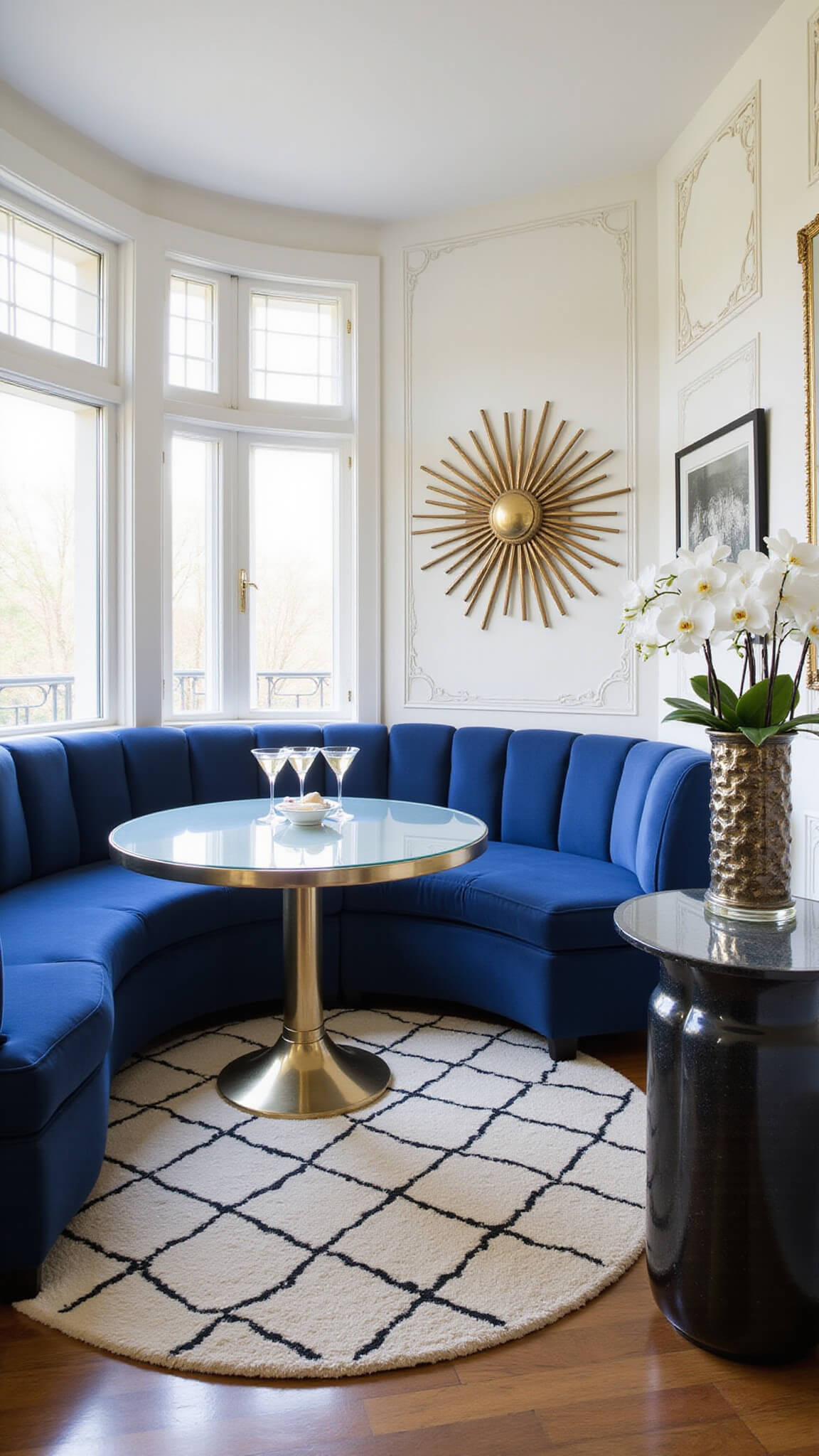 Art Deco breakfast nook with sapphire blue velvet banquette, brass and glass table on geometric rug, sunburst mirror, chrome sconces, and morning light through floor-to-ceiling windows.
