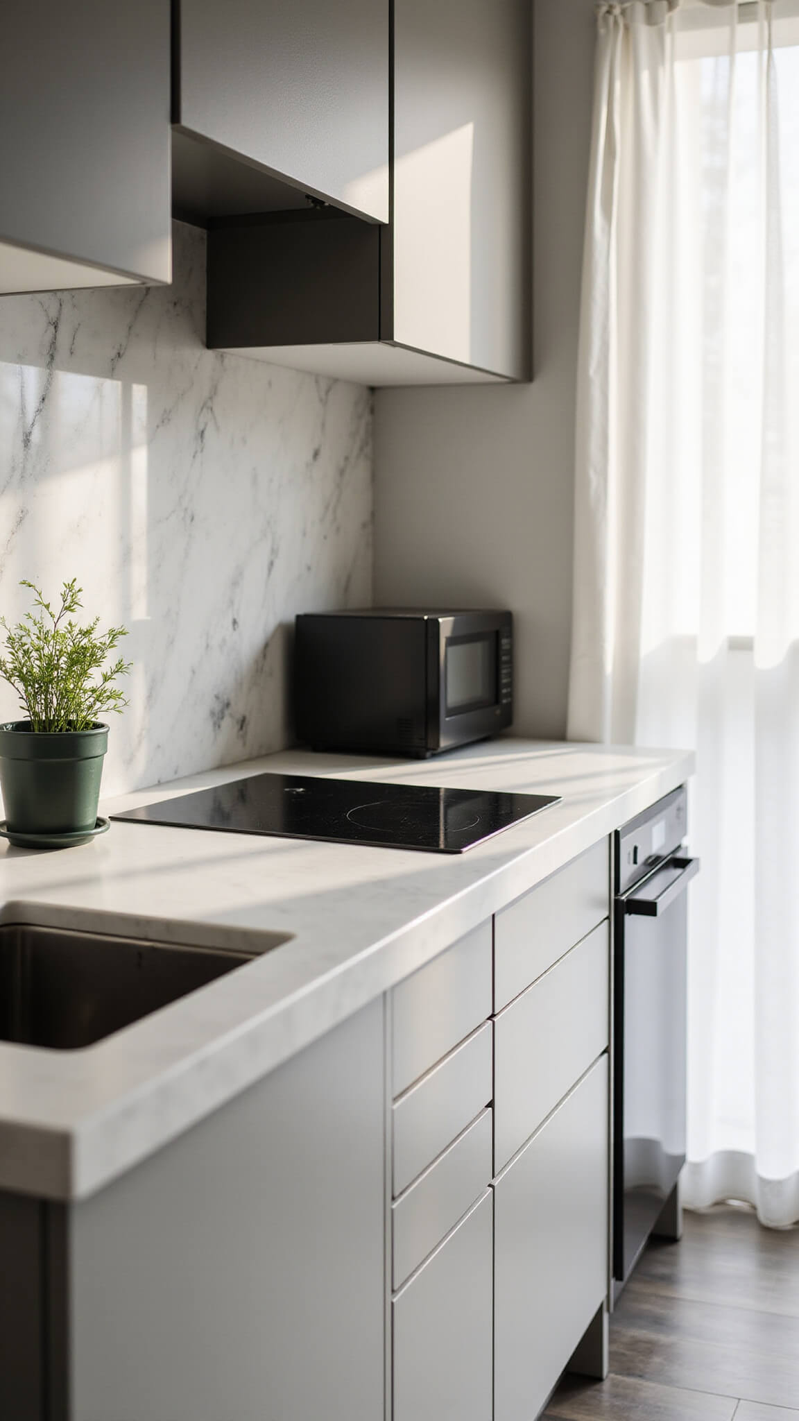 Minimalist kitchen with matte black appliances, white marble backsplash, potted herb, and soft morning light filtering through sheer curtains.