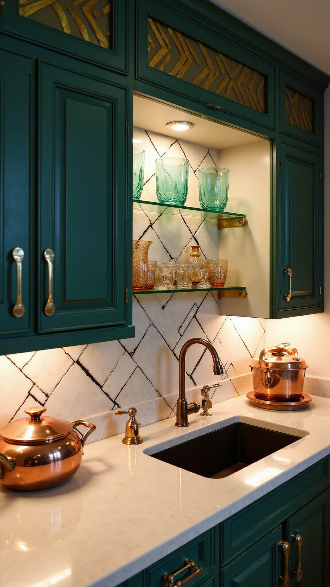 Close-up of Art Deco kitchen backsplash with cream, black, and gold marble tiles in zigzag pattern, under warm lighting with chrome shelves, vintage glassware, emerald green cabinets, and copper pots.