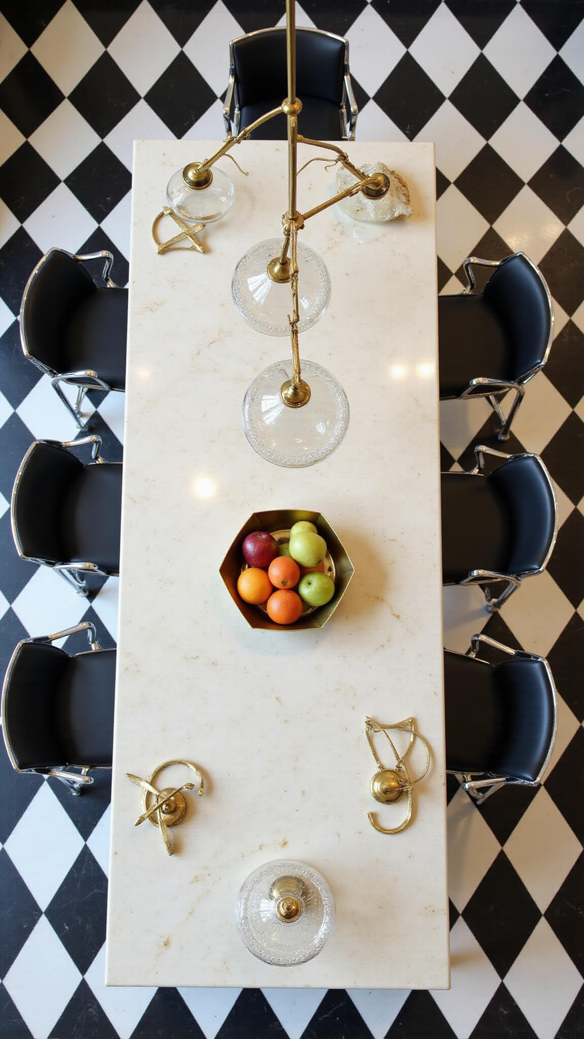 Bird's eye view of Art Deco kitchen island with cream quartzite top, surrounded by four chrome and black leather barstools on a black and white checkerboard floor, under brass and glass pendant lights, styled with geometric accessories in natural morning light.