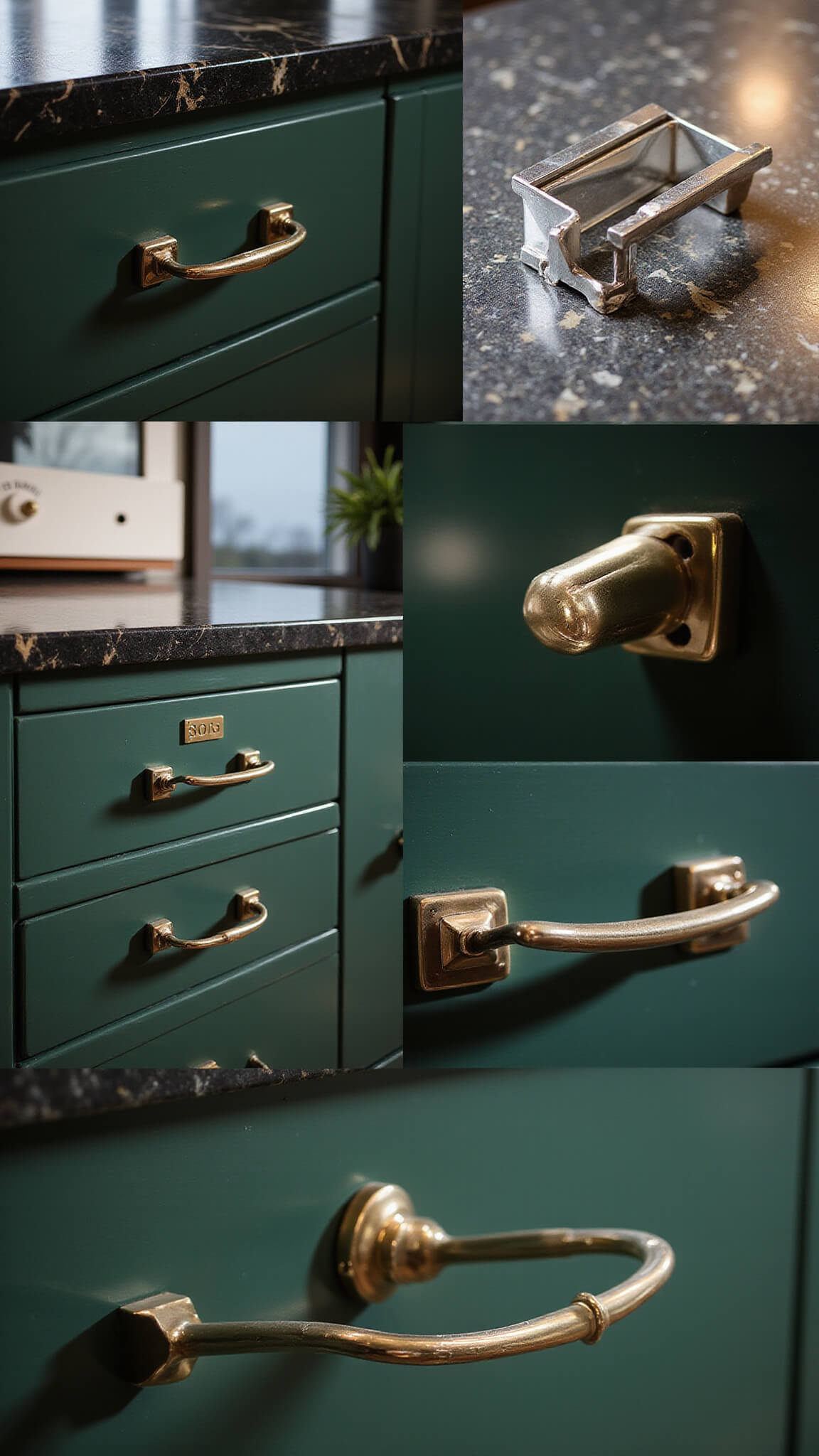 Close-up of Art Deco kitchen hardware on forest green cabinets, featuring chrome, brass, and geometric pulls with dramatic side lighting and gold-veined black marble countertop in background.
