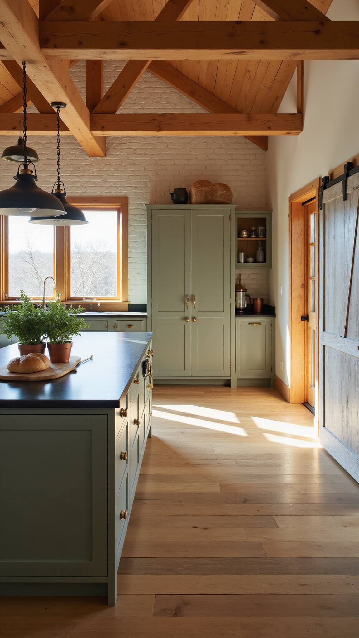 Barndominium kitchen with sage green cabinets, black quartz island, exposed cedar beams, and golden hour light through floor-to-ceiling windows.